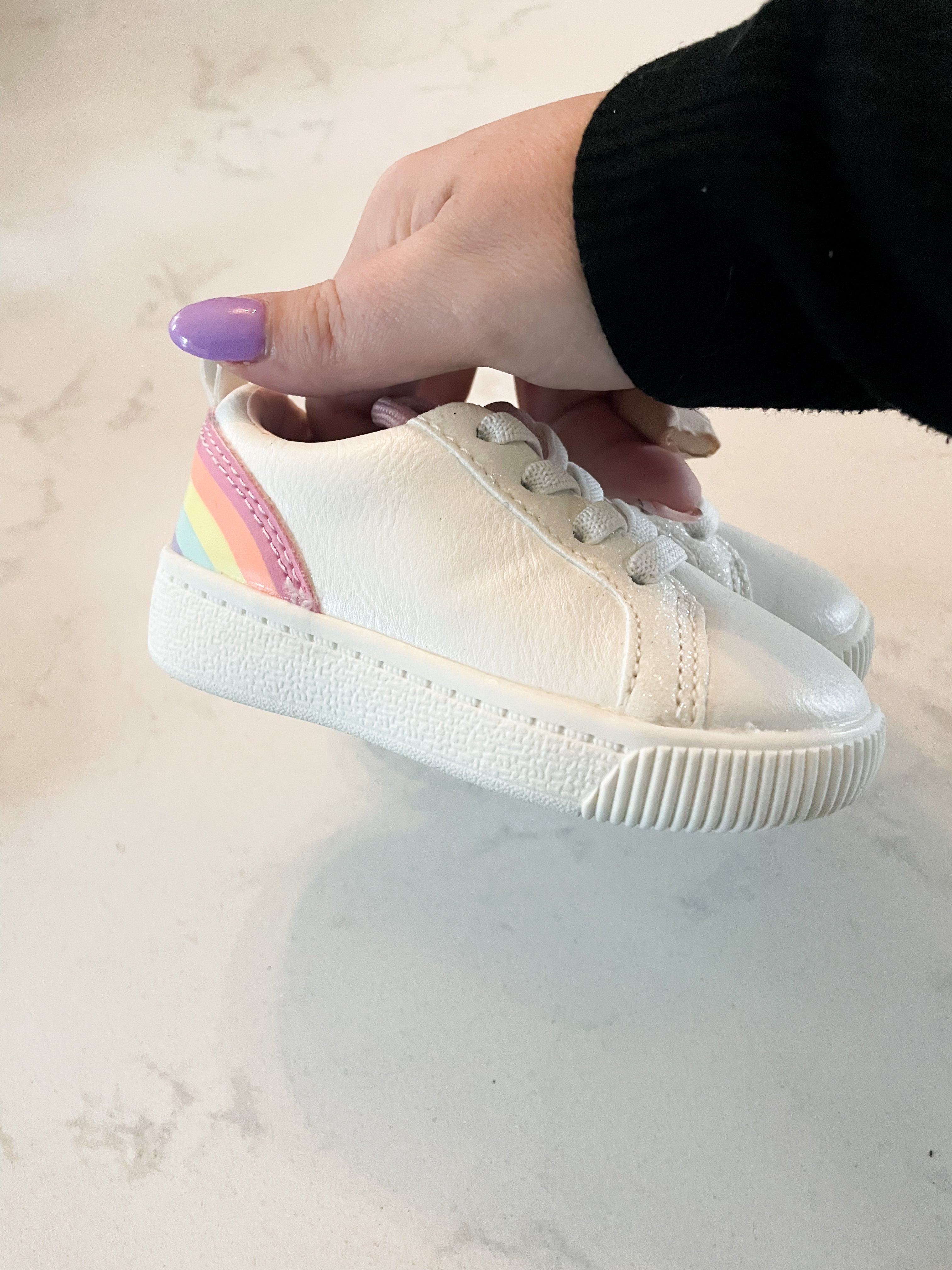 Carter’s-4C- VGUC- white slip on shoes with elastic laces and rainbow heel