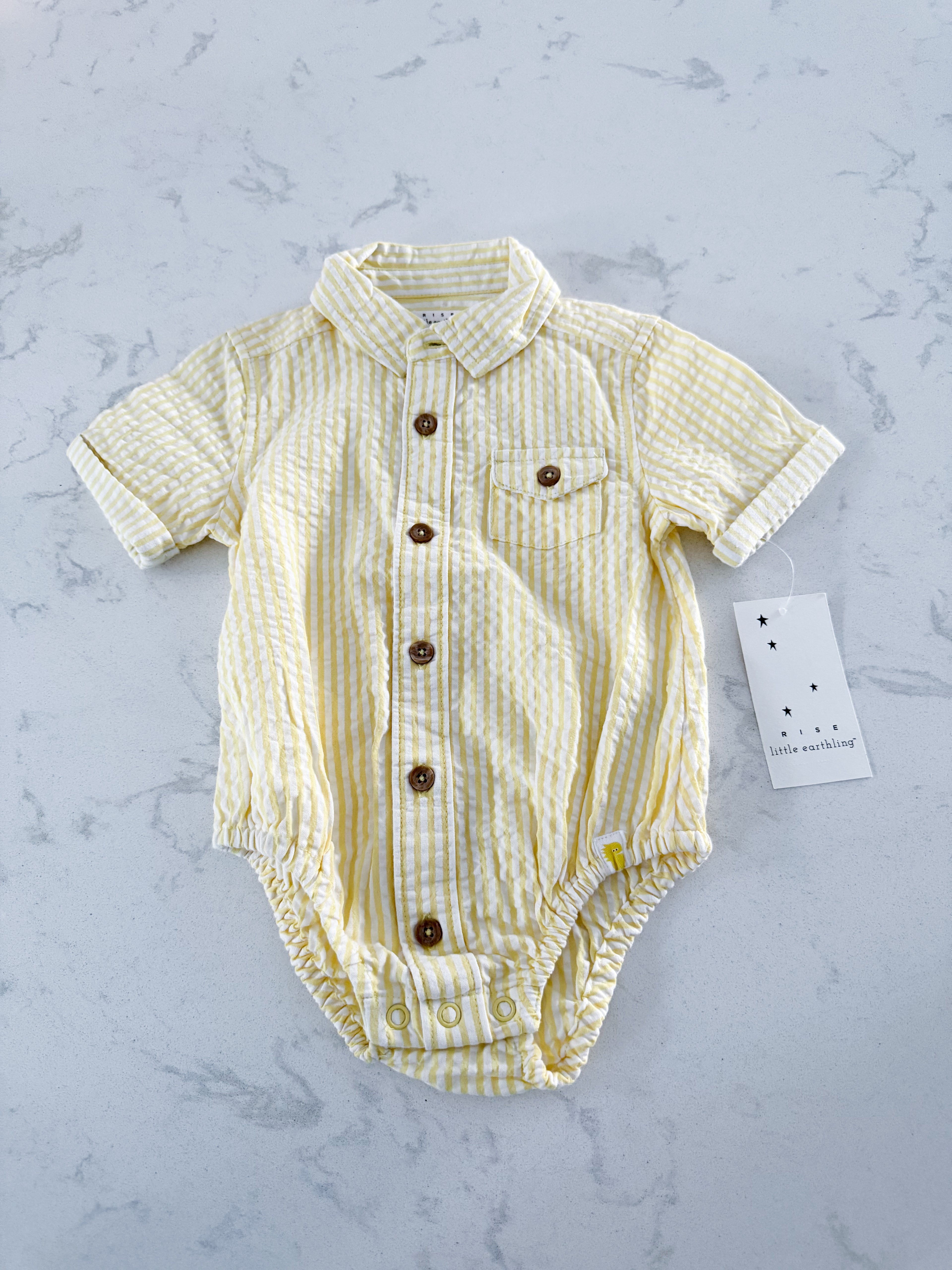 Rise Little Earthling- 9-12m- BNWT- short sleeve yellow and white striped collared button up bodysuit