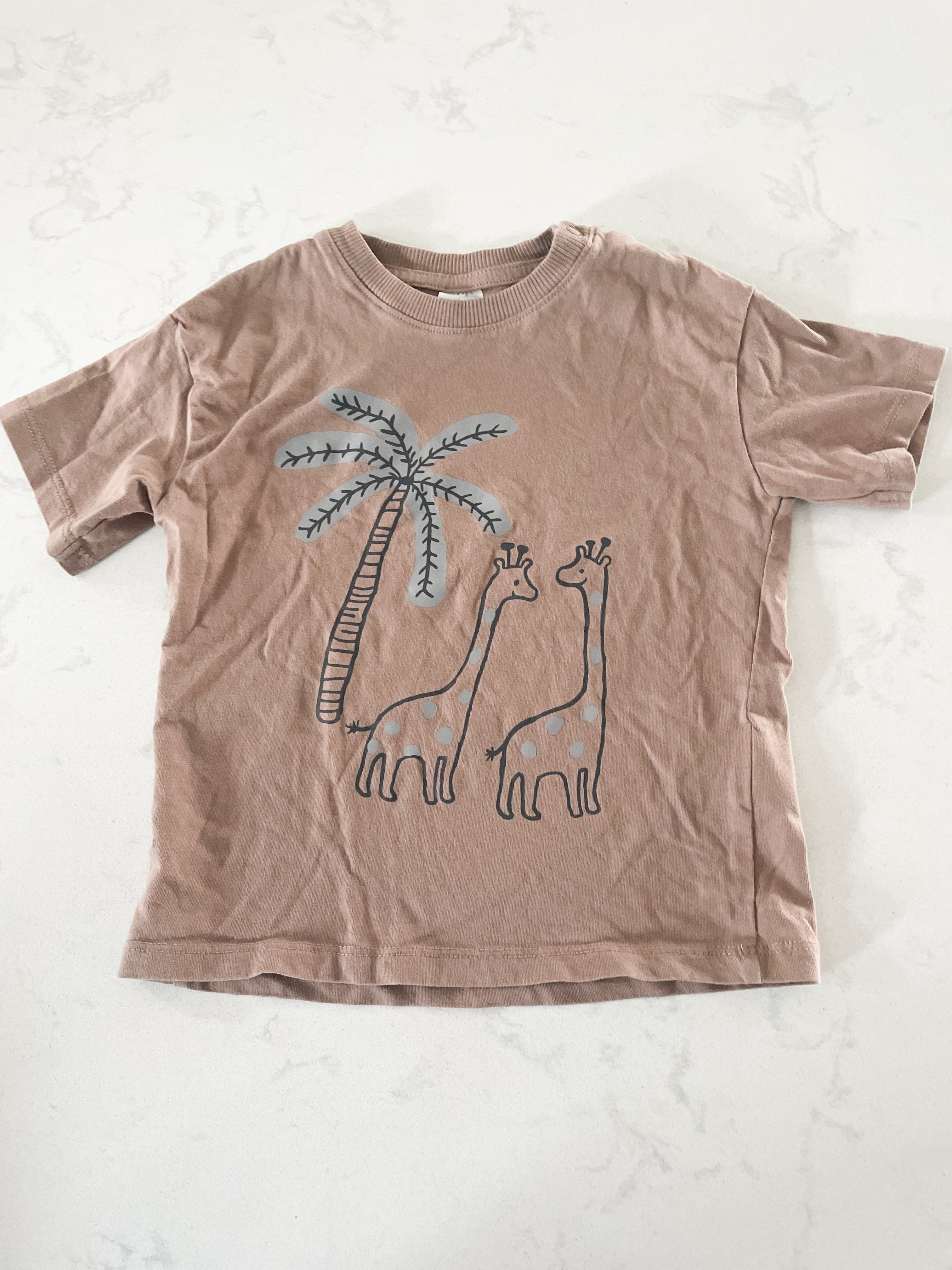 H&M-2T-VGUC- brown t shirt with cartoon giraffes
