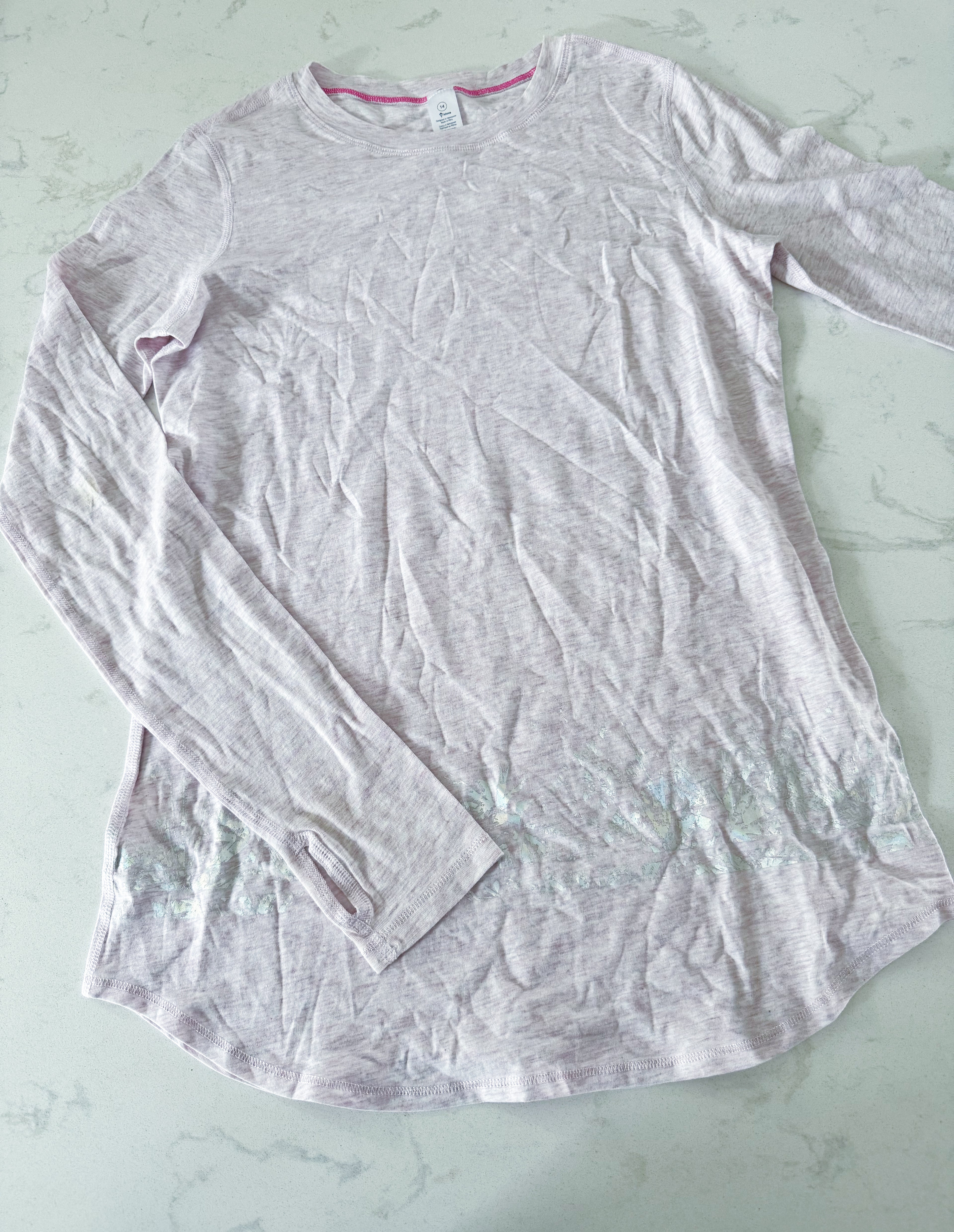 Iviva- 14Y- PLAY- light pink long sleeve atheletic shirt with silver pattern on bottom