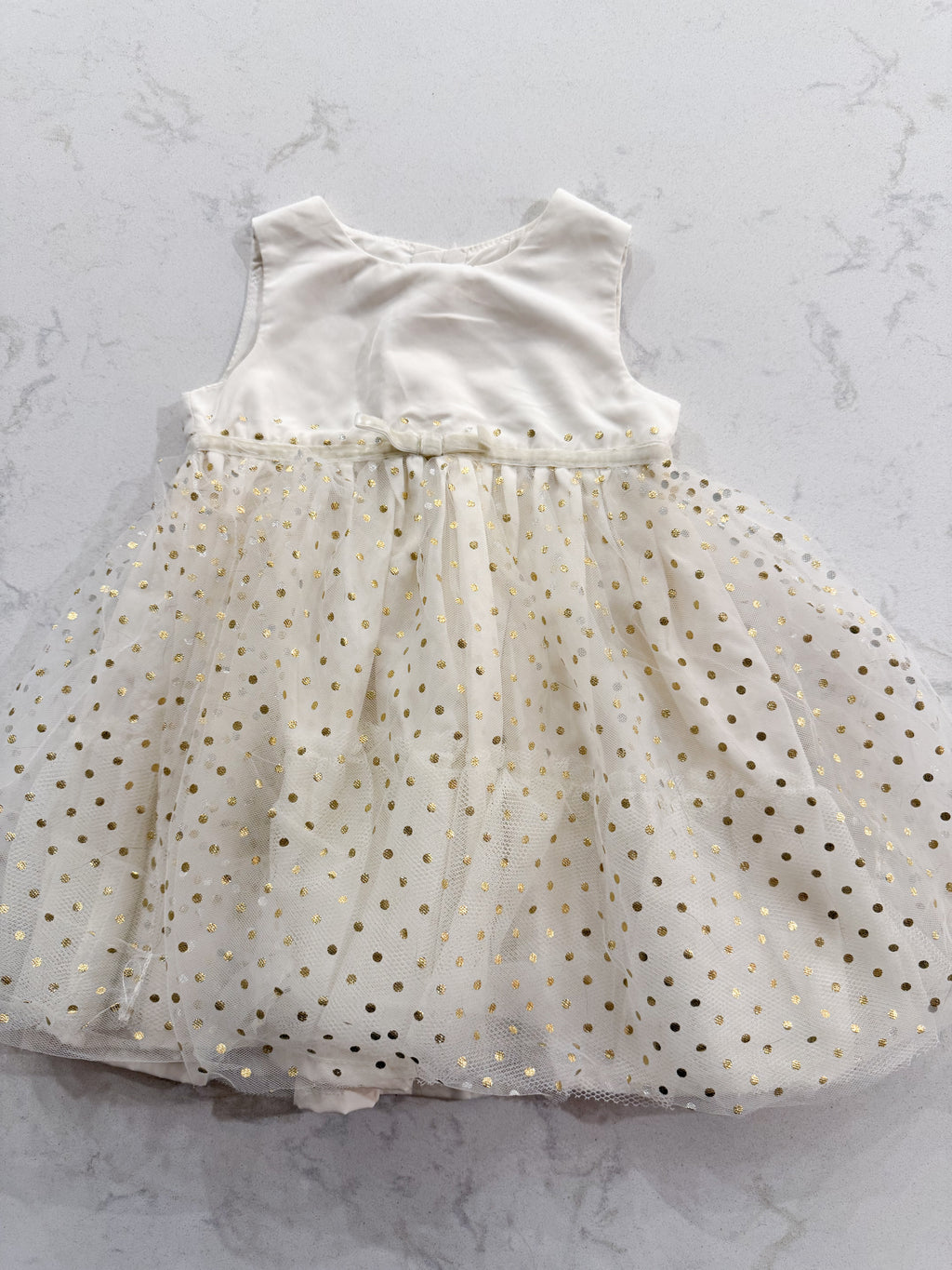Carter’s- 12m- GUC- cream coloured tulle gold polka dot sparkle dress