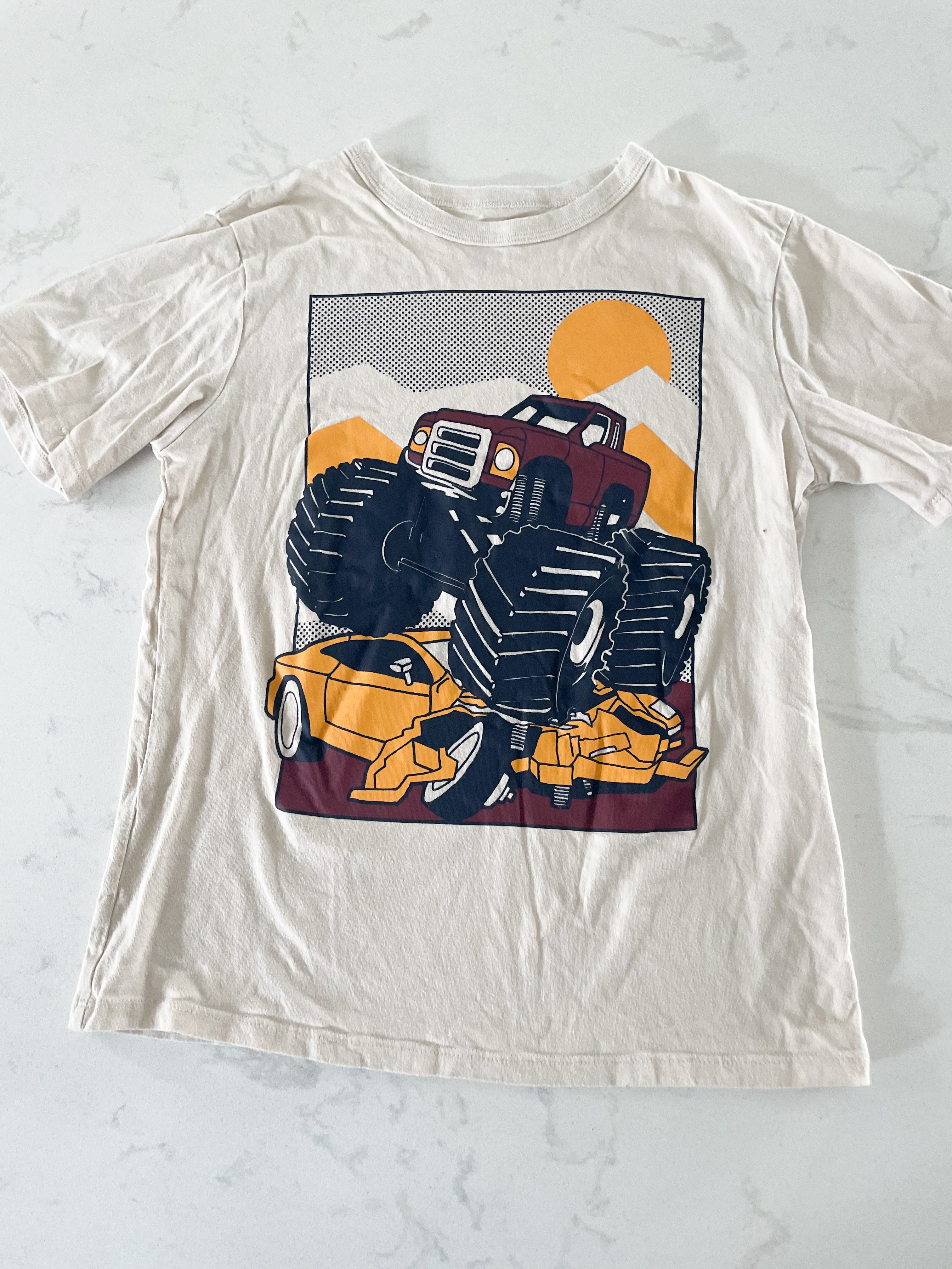 The Children’s Place- 7-8Y- GUC- beige Monster truck t shirt