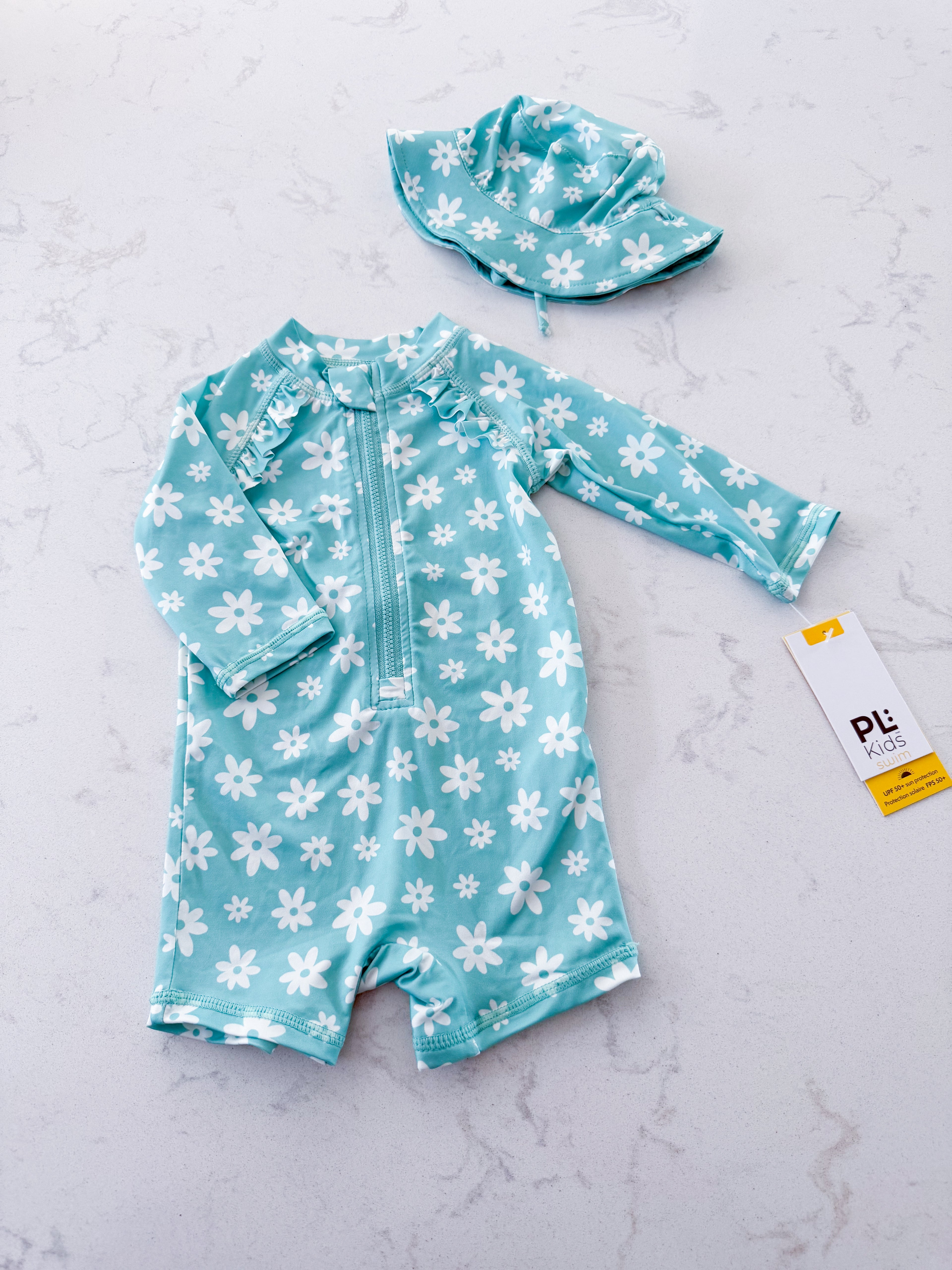 PL baby- 6m- BNWT- mint aqua swim suit with white flowers and matching hat