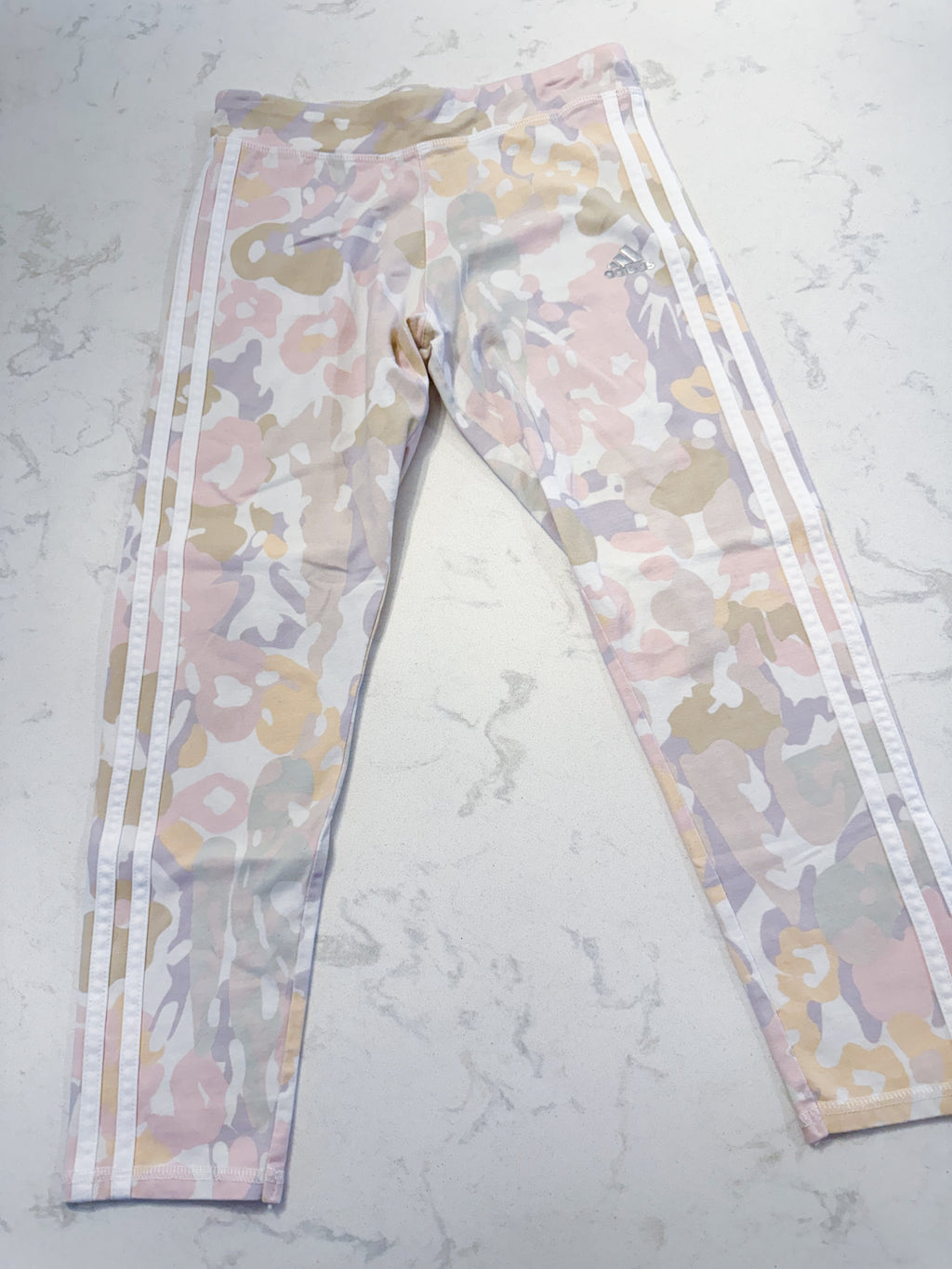 Adidas- 16Y- GUC- pastel camo pattern leggings with white and silver accents