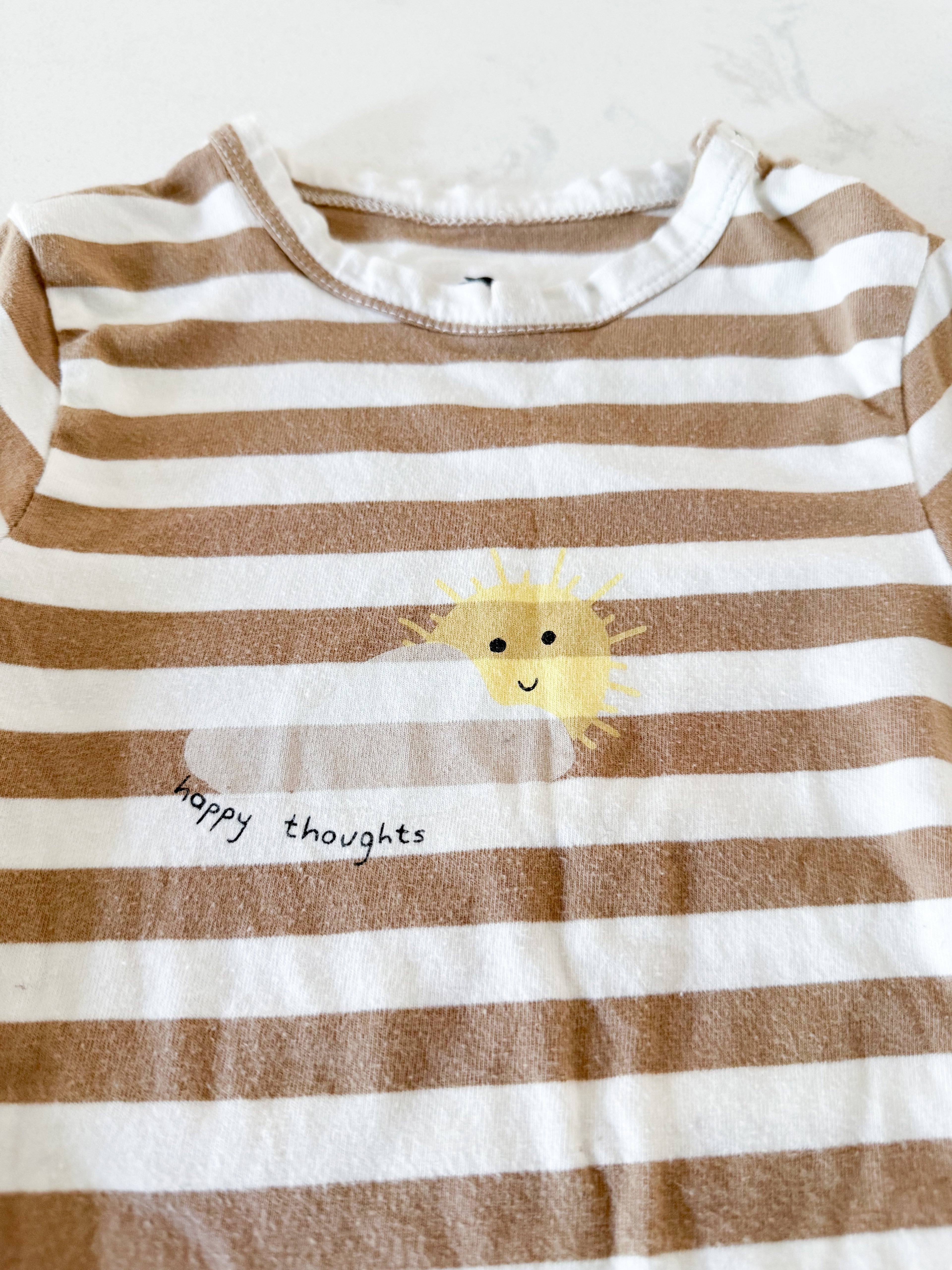 Rise Little Earthling- 18-24m- GUC- brown and white striped bodysuit with sun graphic
