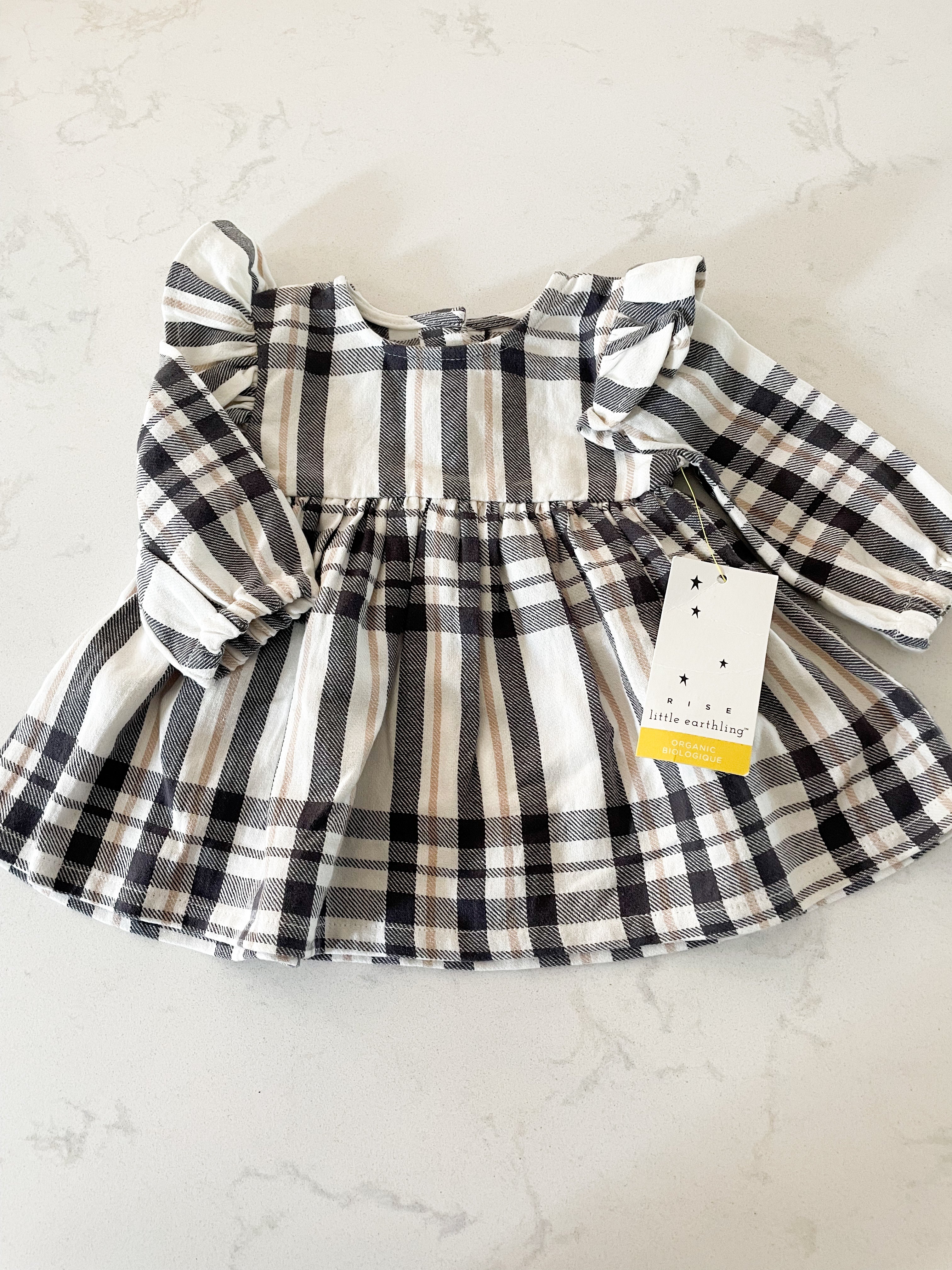 Rise Little Earthling-0-3m (fits big)- BNWT- cream black and beige plaid dress