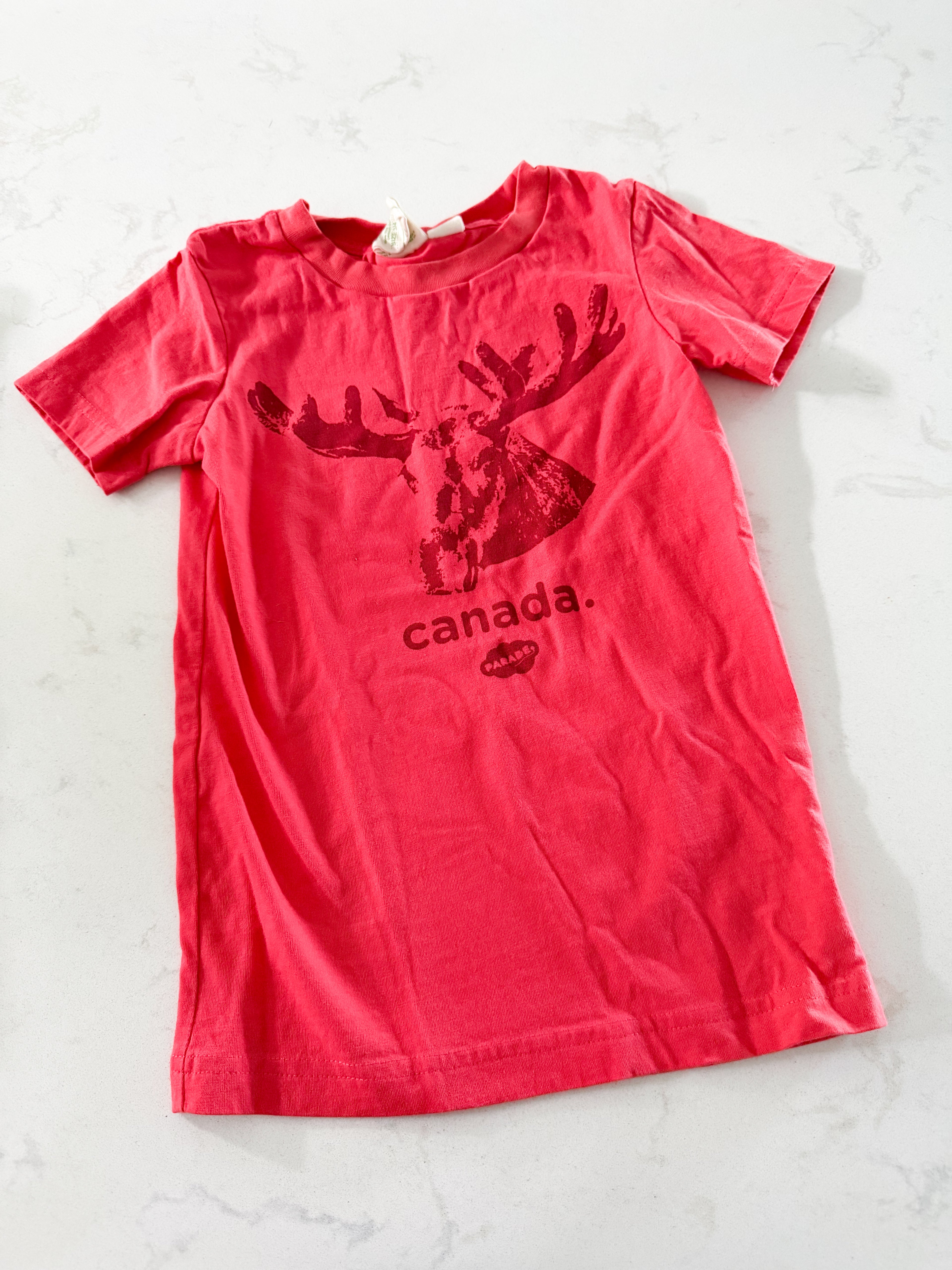 Parade Organics- fits 5T- VGUC- light red t shirt with moose graphic on front