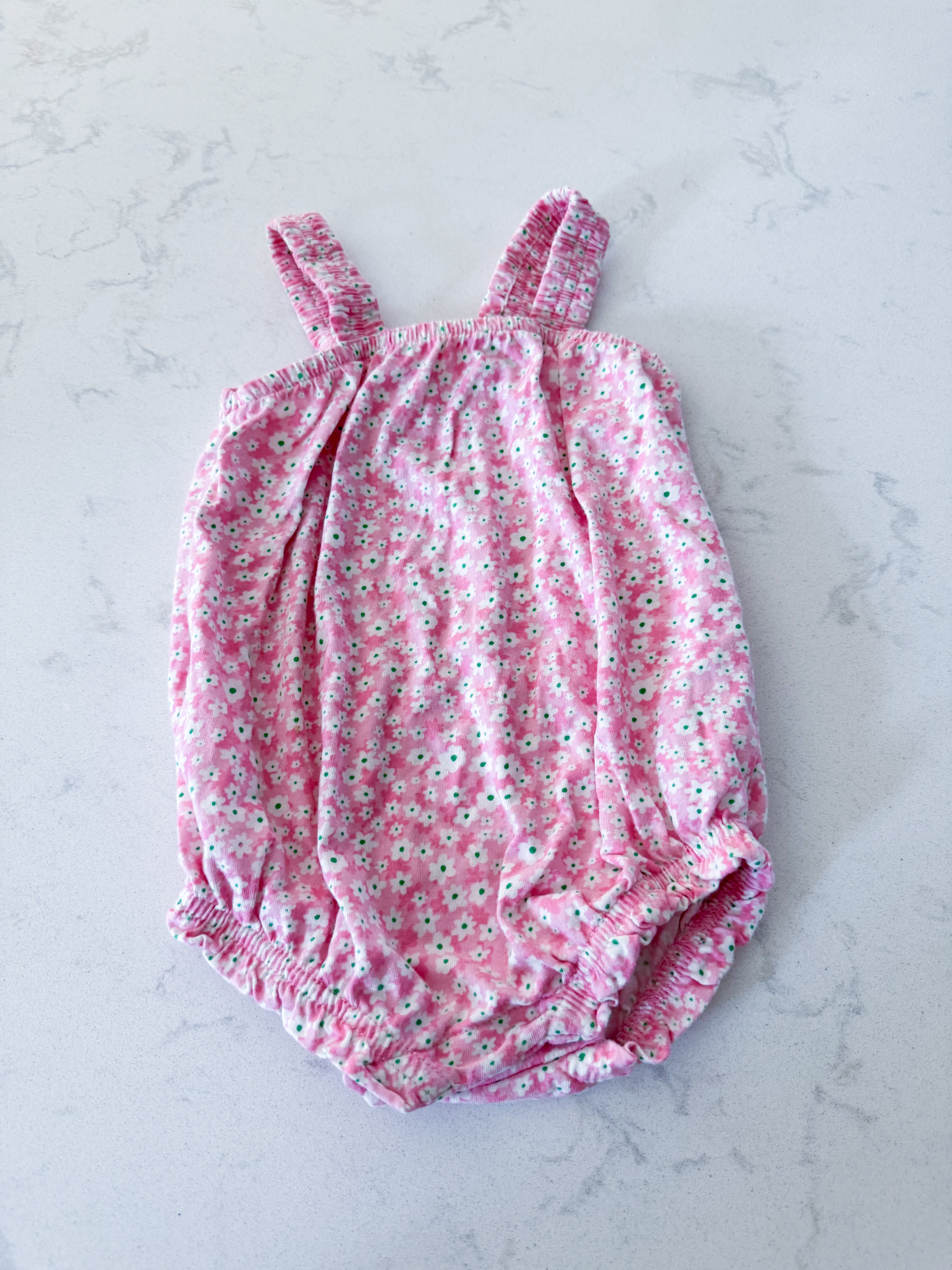 Old Navy- 6-12m- VGUC- pink tank bodysuit with tiny white florals