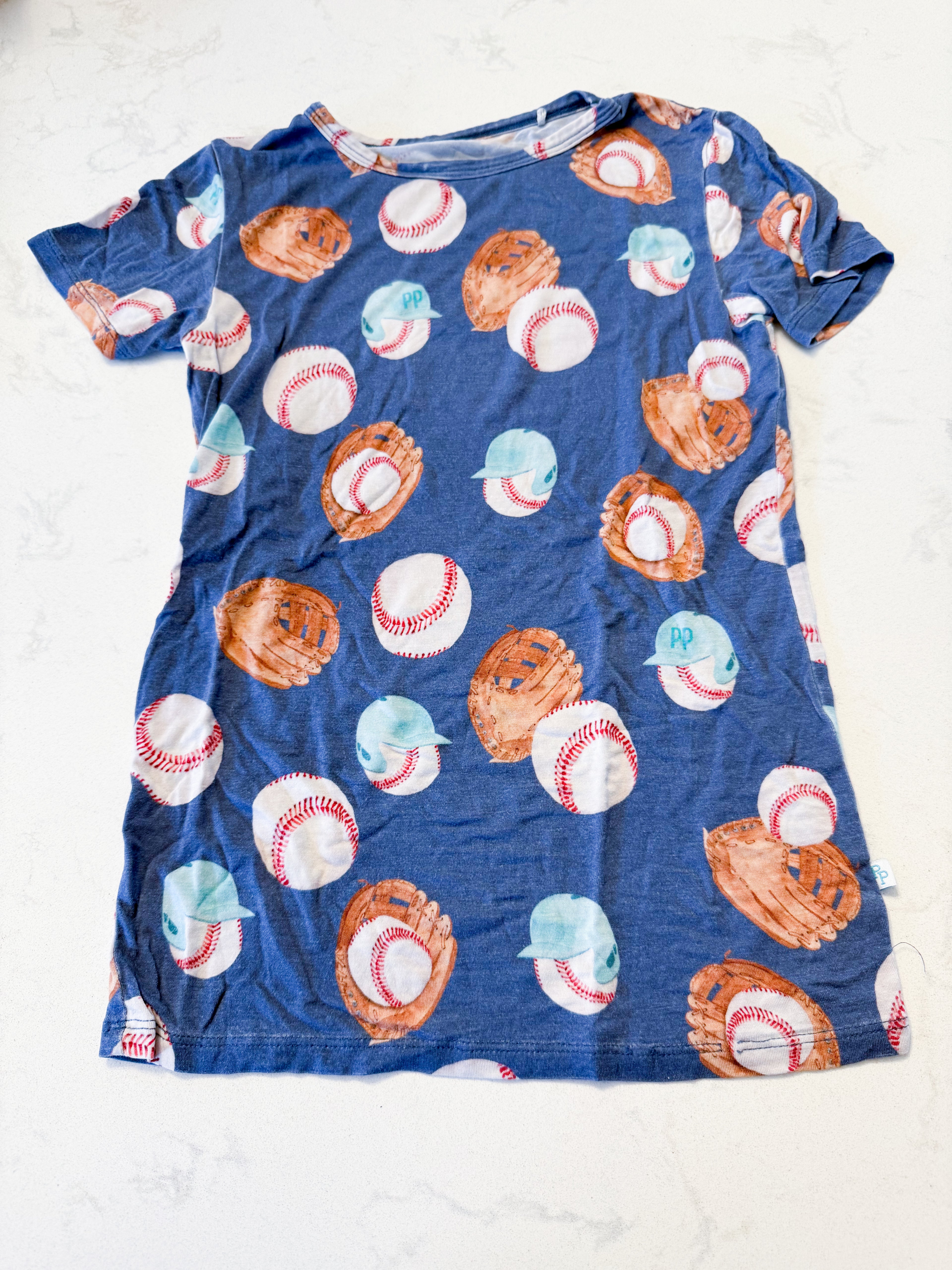 Posh Peanut- 7-8Y- GUC- blue bamboo t shirt with baseball pattern