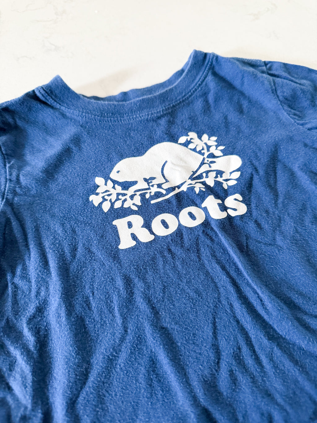 Roots- 12-18m- PLAY- blue t shirt with white Roots logo