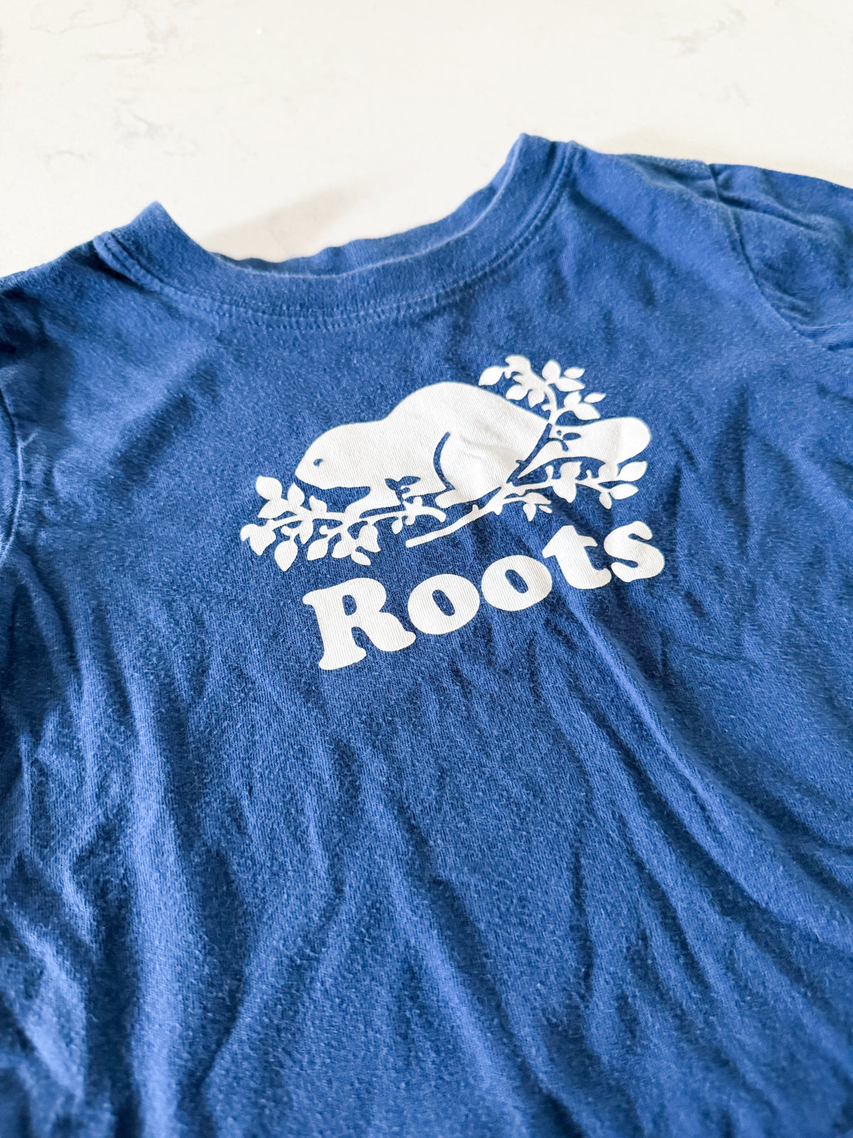Roots- 12-18m- PLAY- blue t shirt with white Roots logo