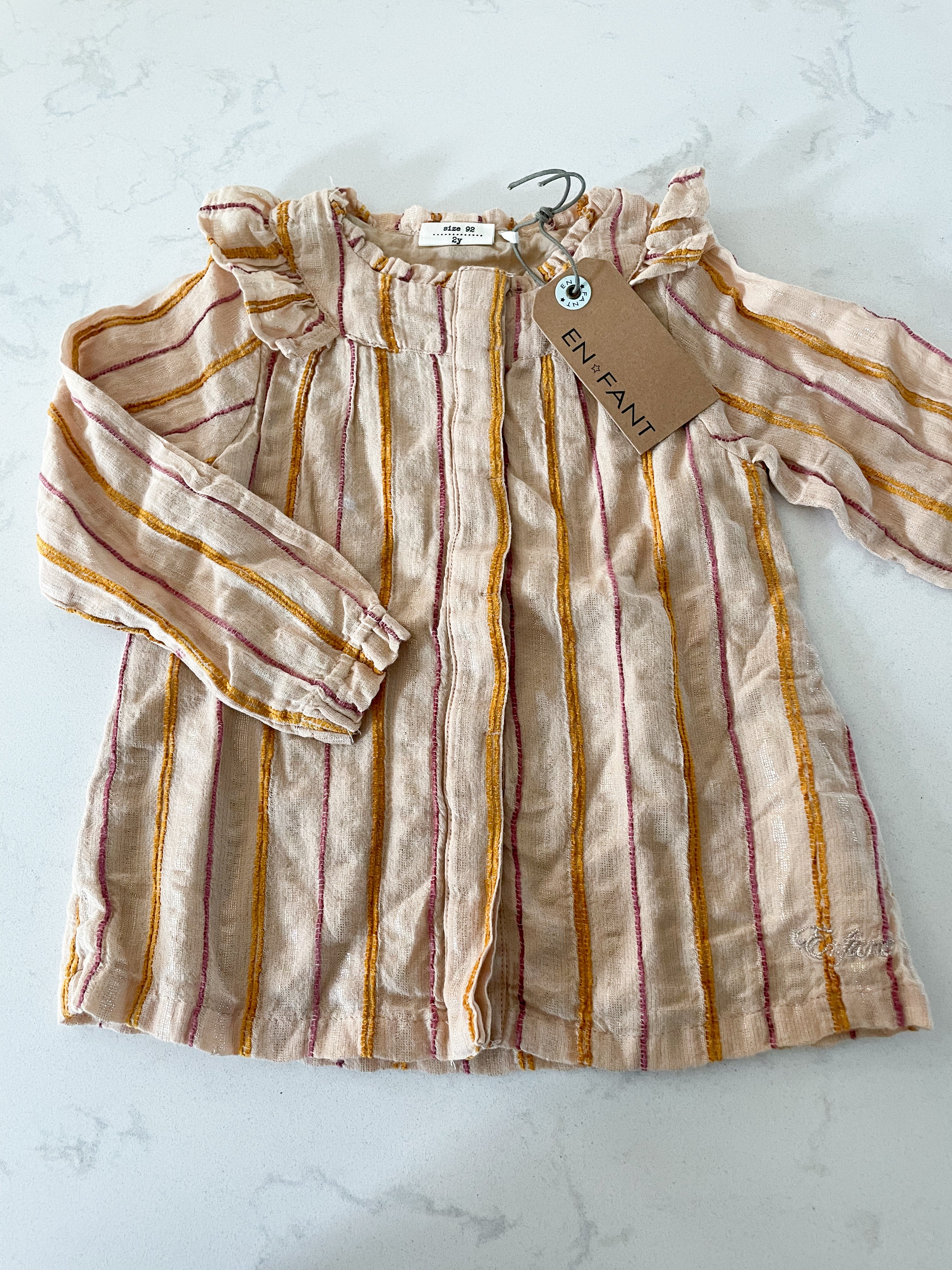 EN.FANT- 2Y- BNWT- beige dress shirt with red yellow and gold vertical thread stripes