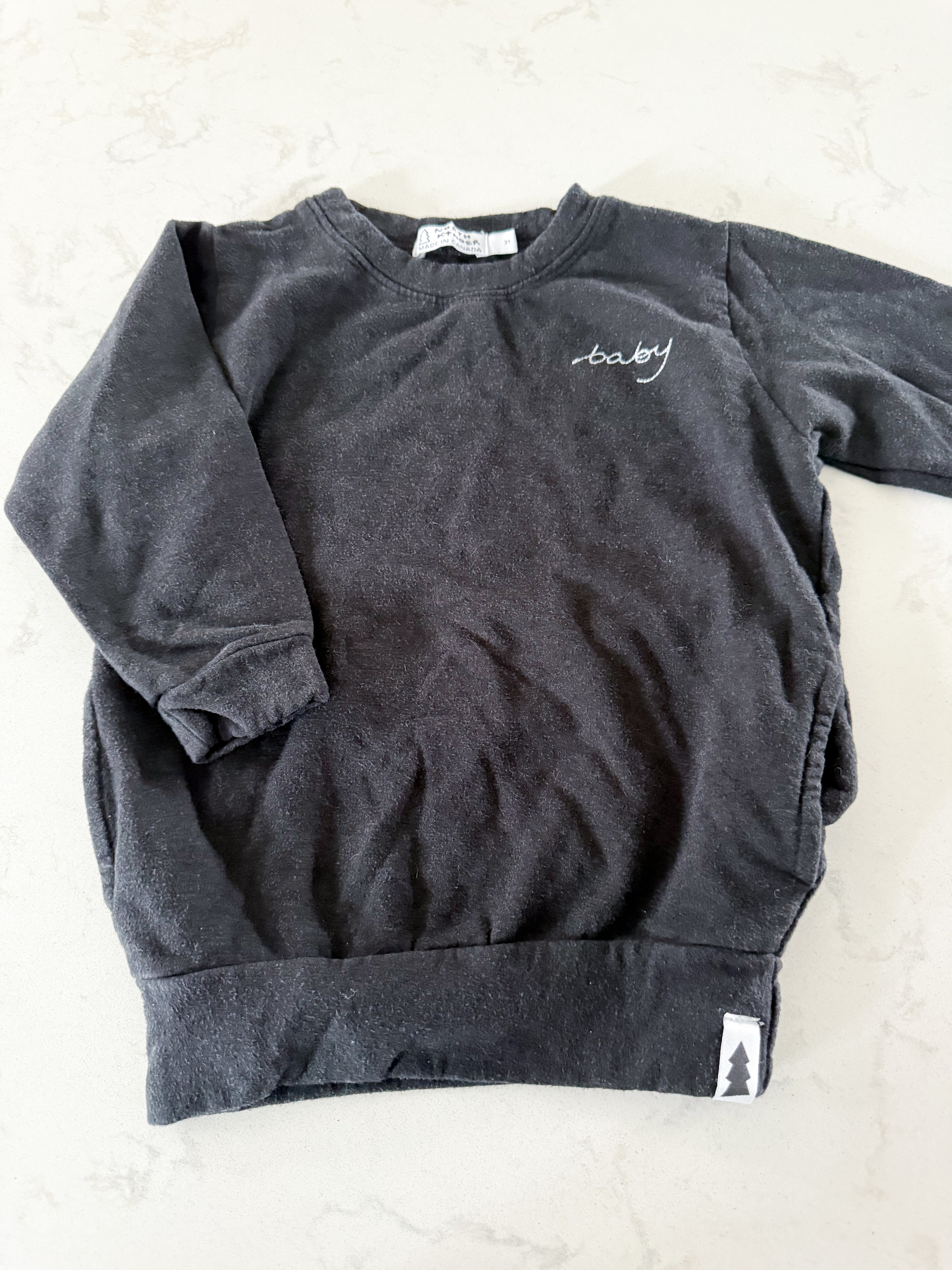 North Kinder- fits 3T- PLAYYY- black crewneck bamboo with embroidered “baby”