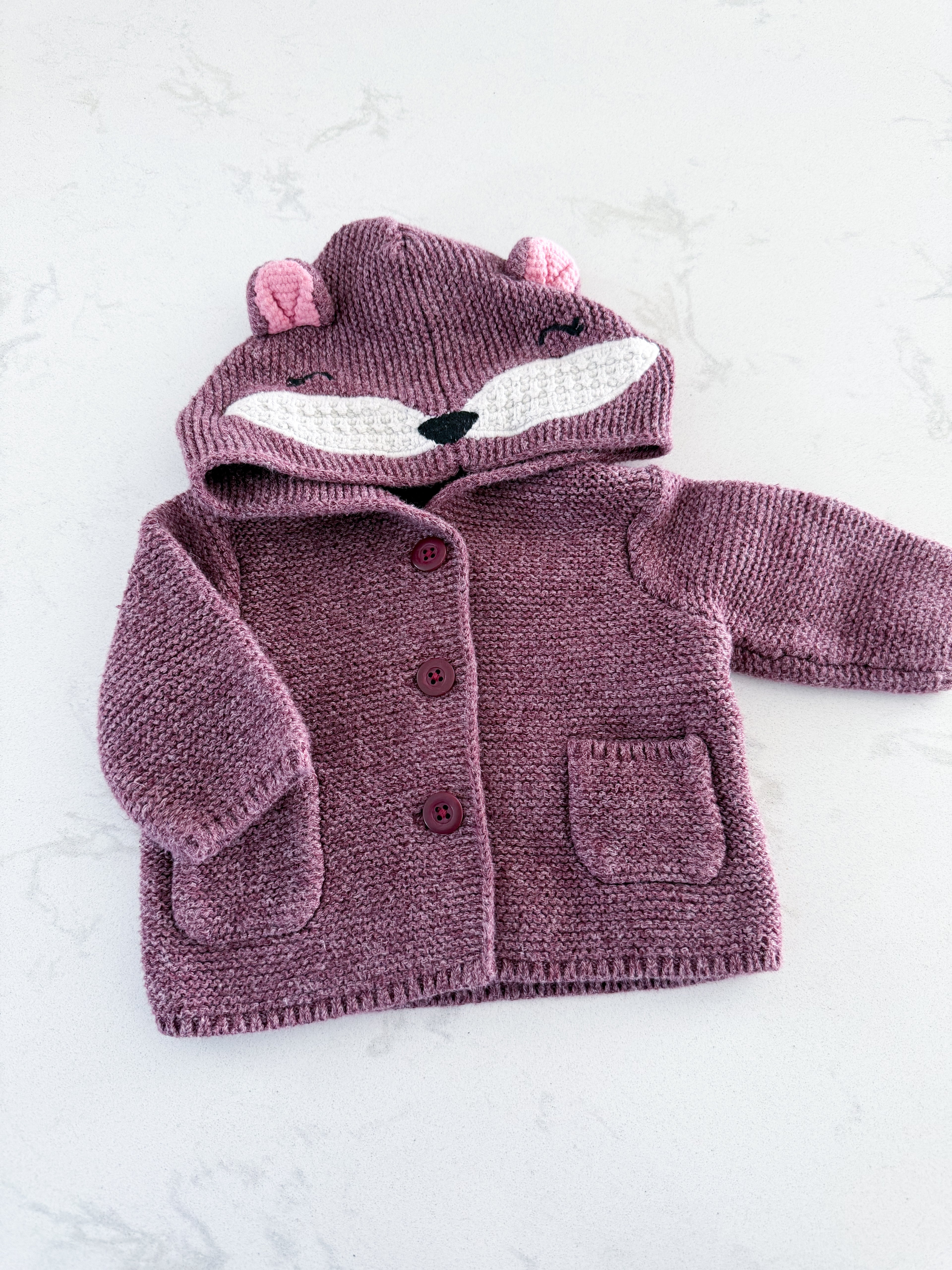 Gap- newborn- VGUC- dark purple button up thick fox cardigan