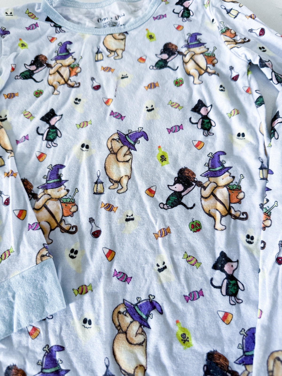 Finn and Liva- 2T- PLAY- long sleeve light blue bamboo Jammies with Pooh bear Halloween graphic