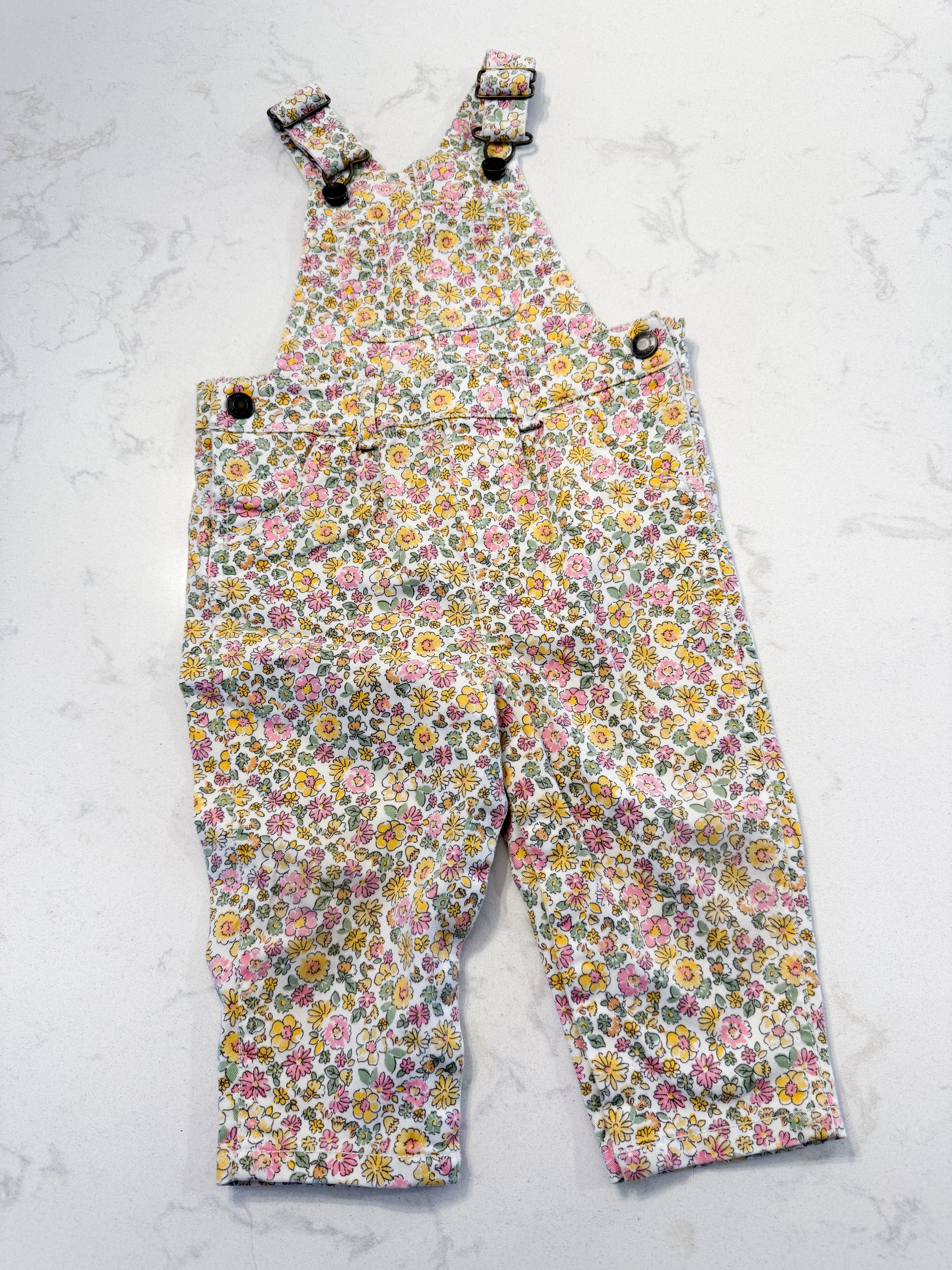 Carters- 12m- VGUC- yellow pink and green floral jean overalls