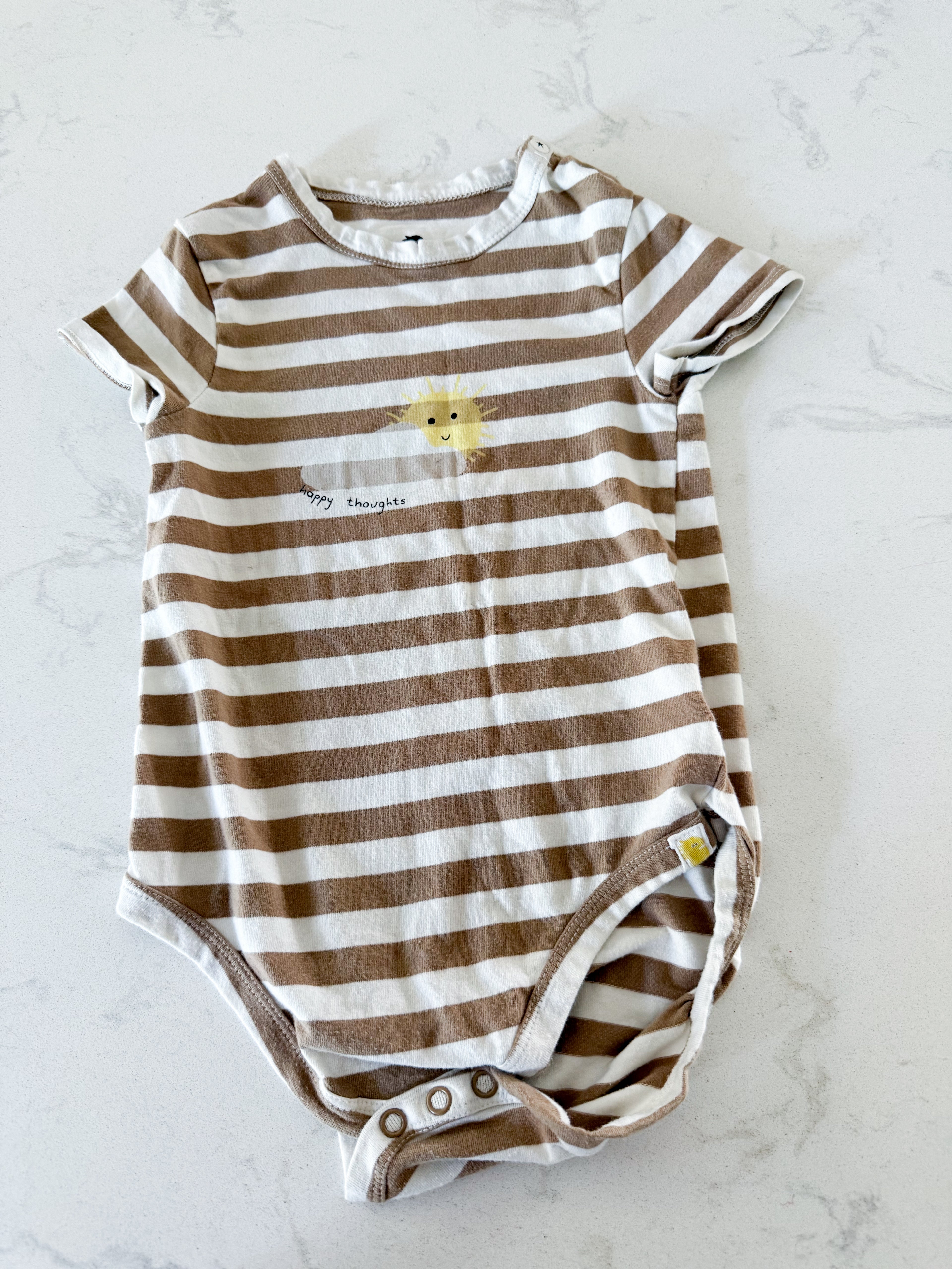 Rise Little Earthling- 18-24m- GUC- brown and white striped bodysuit with sun graphic
