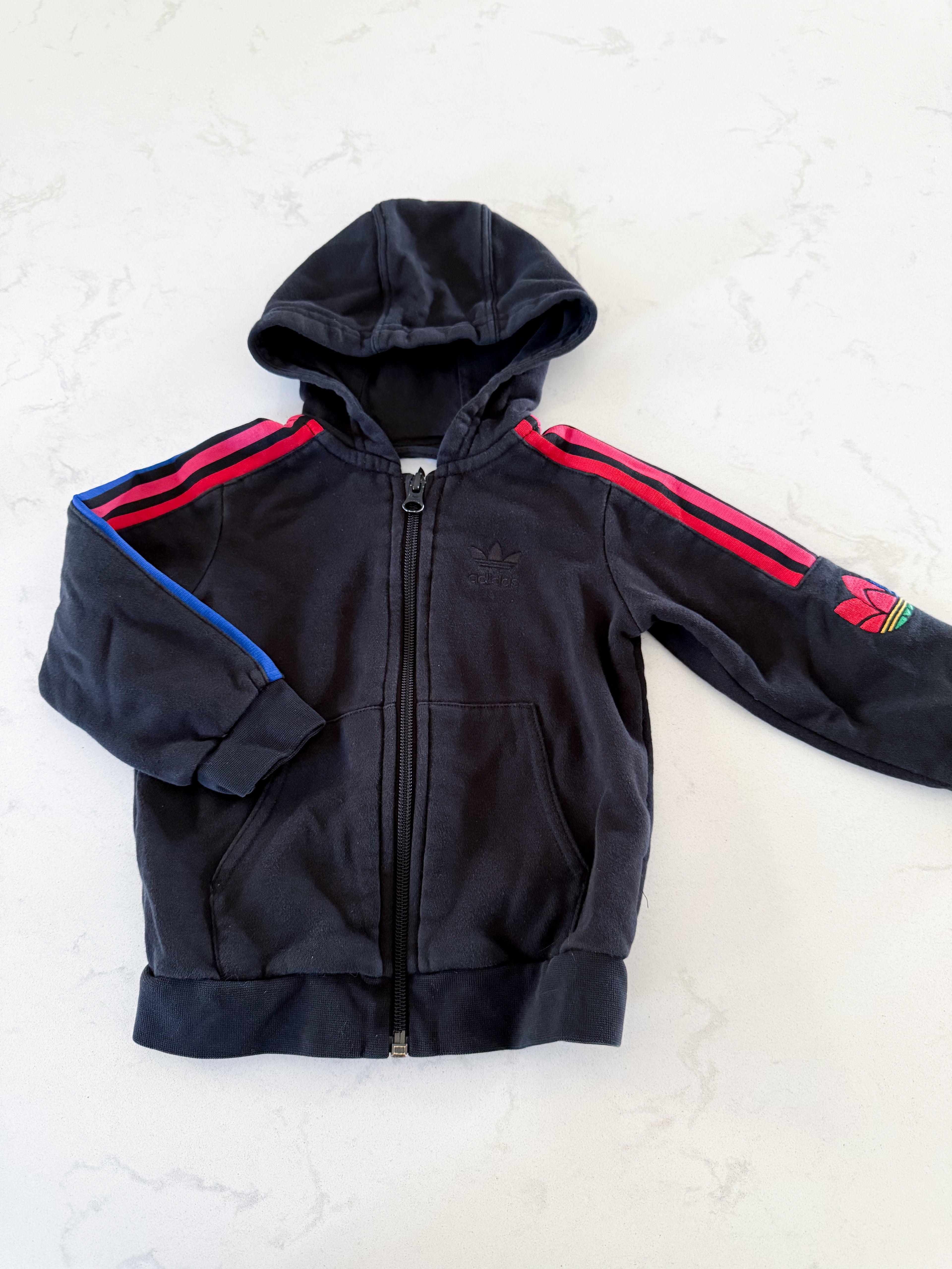 Adidas- 12-18m- GUC- black zip up hoodie with embroidered logo
