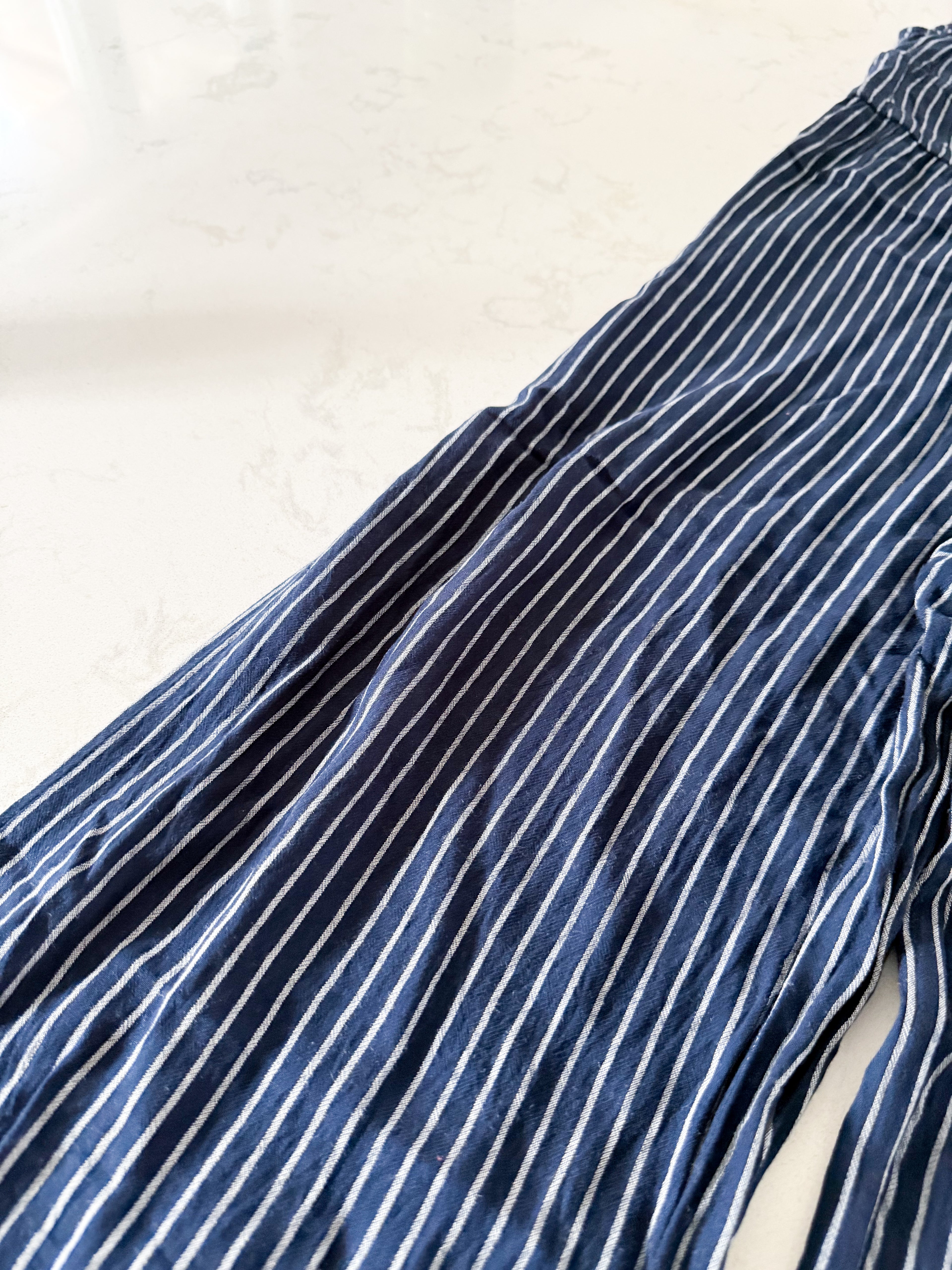 H&M- 12Y- GUC- navy blue tank romper with thin white stripes