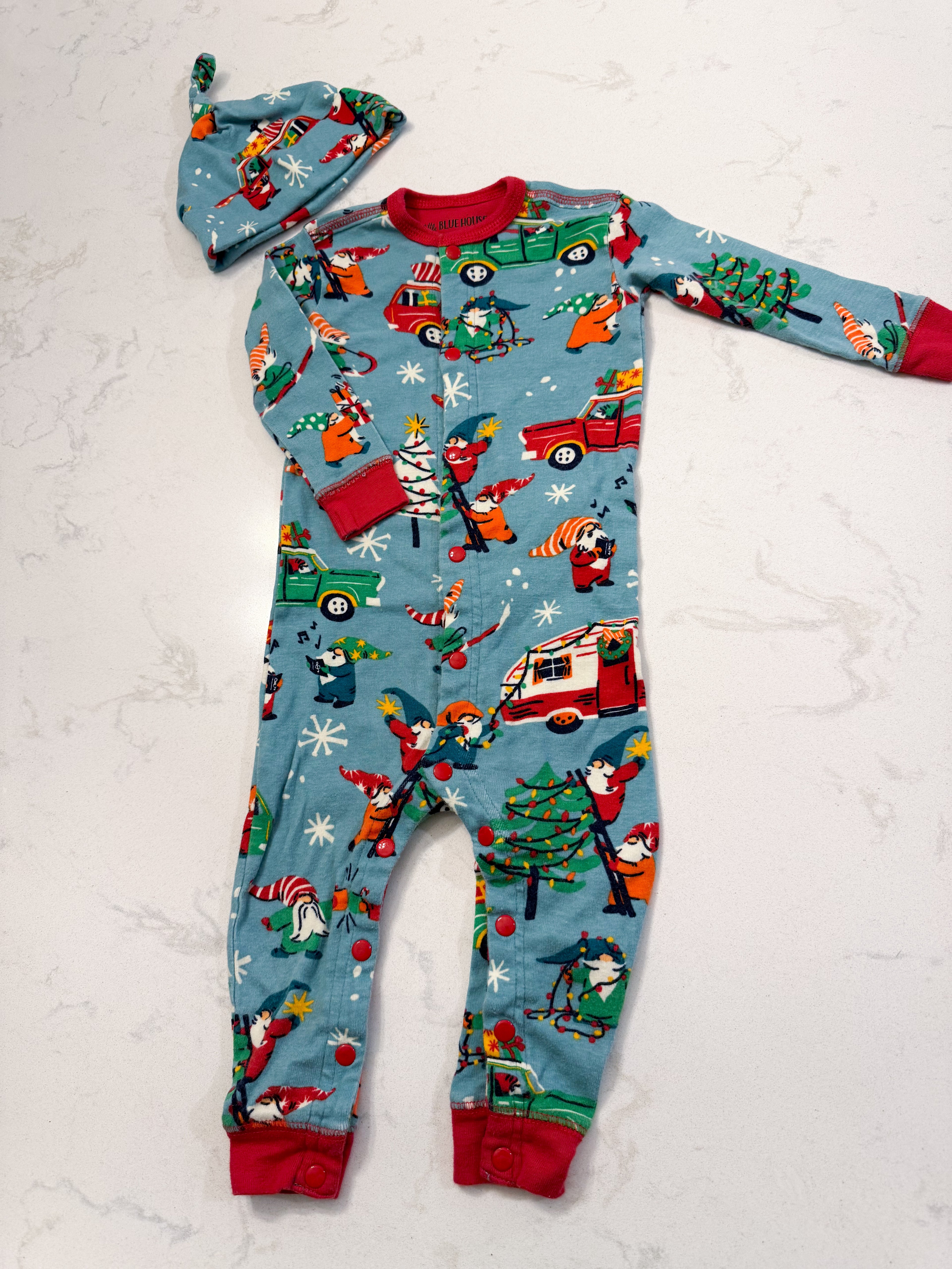 Little Blue House- 12-18m- GUC- blue button up footless Christmas gnome pajamas with matching hat