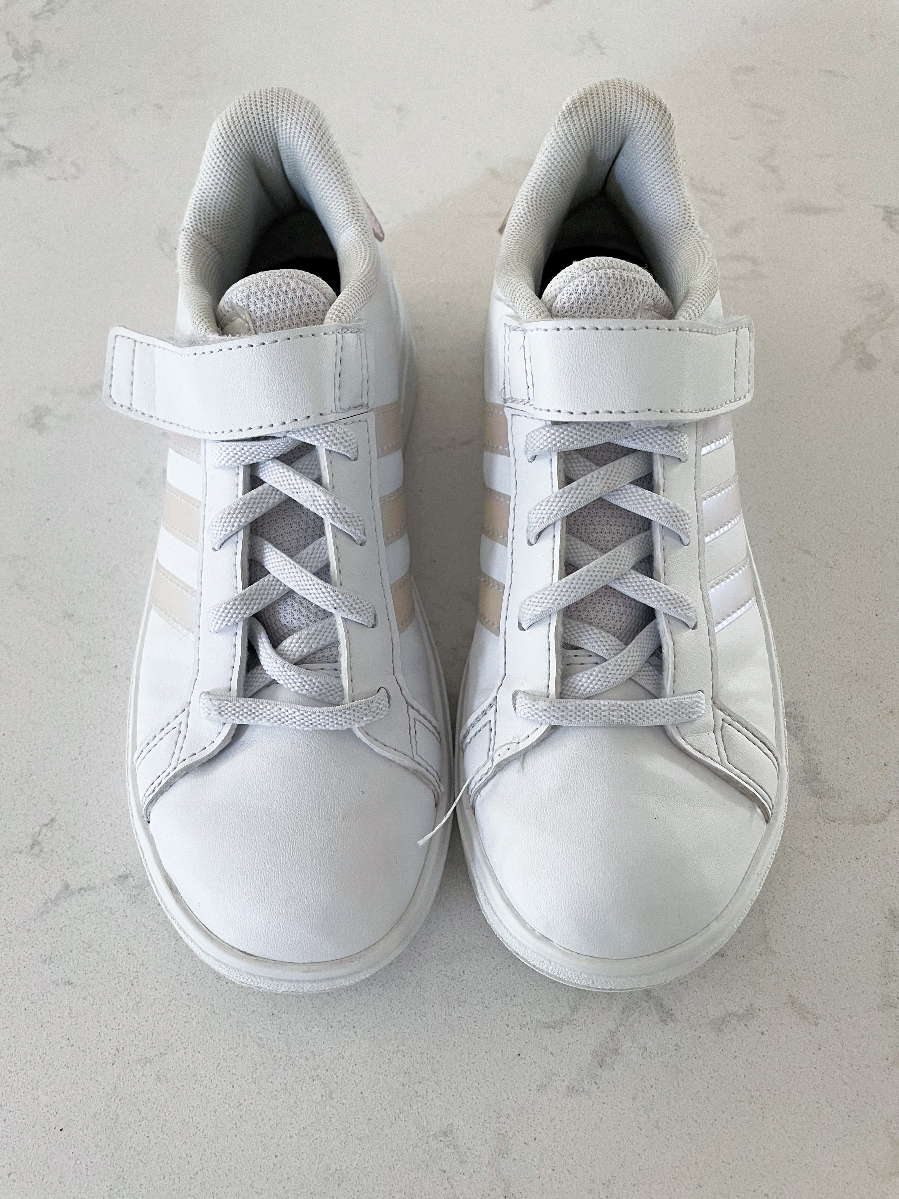 Adidas- 2 Youth- white shoes with metallic pink branding