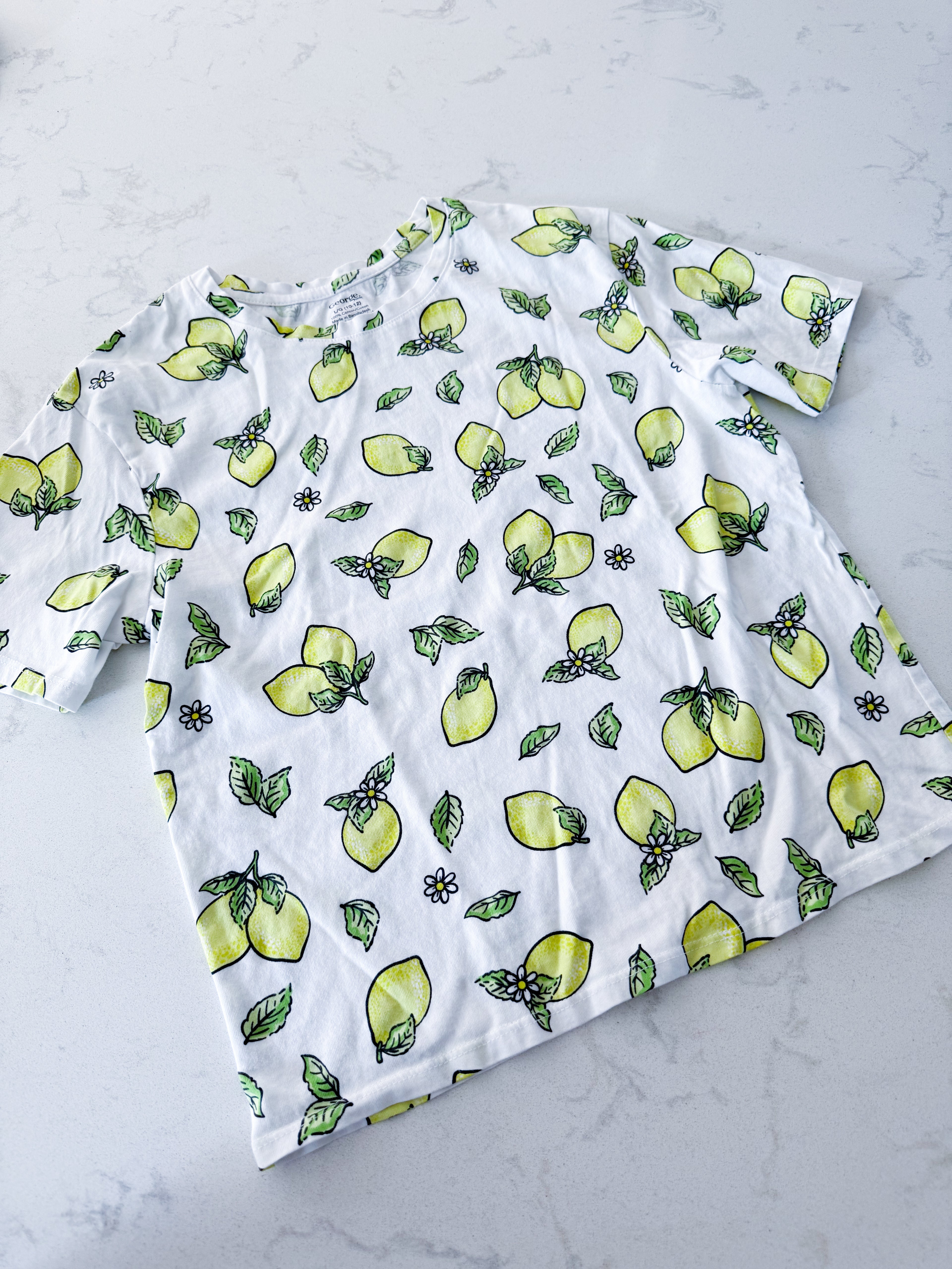 George- 10-12Y- VGUC- white t shirt with neon yellow lemon pattern