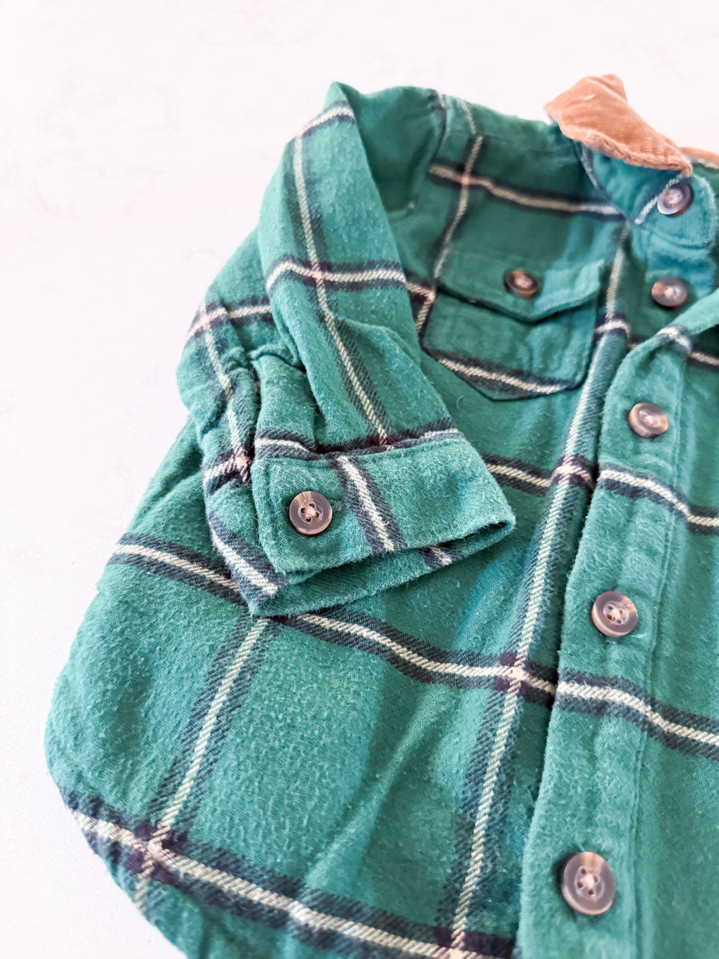 Carters-9m- GUC- Forest Green plaid fleece lined shirt
