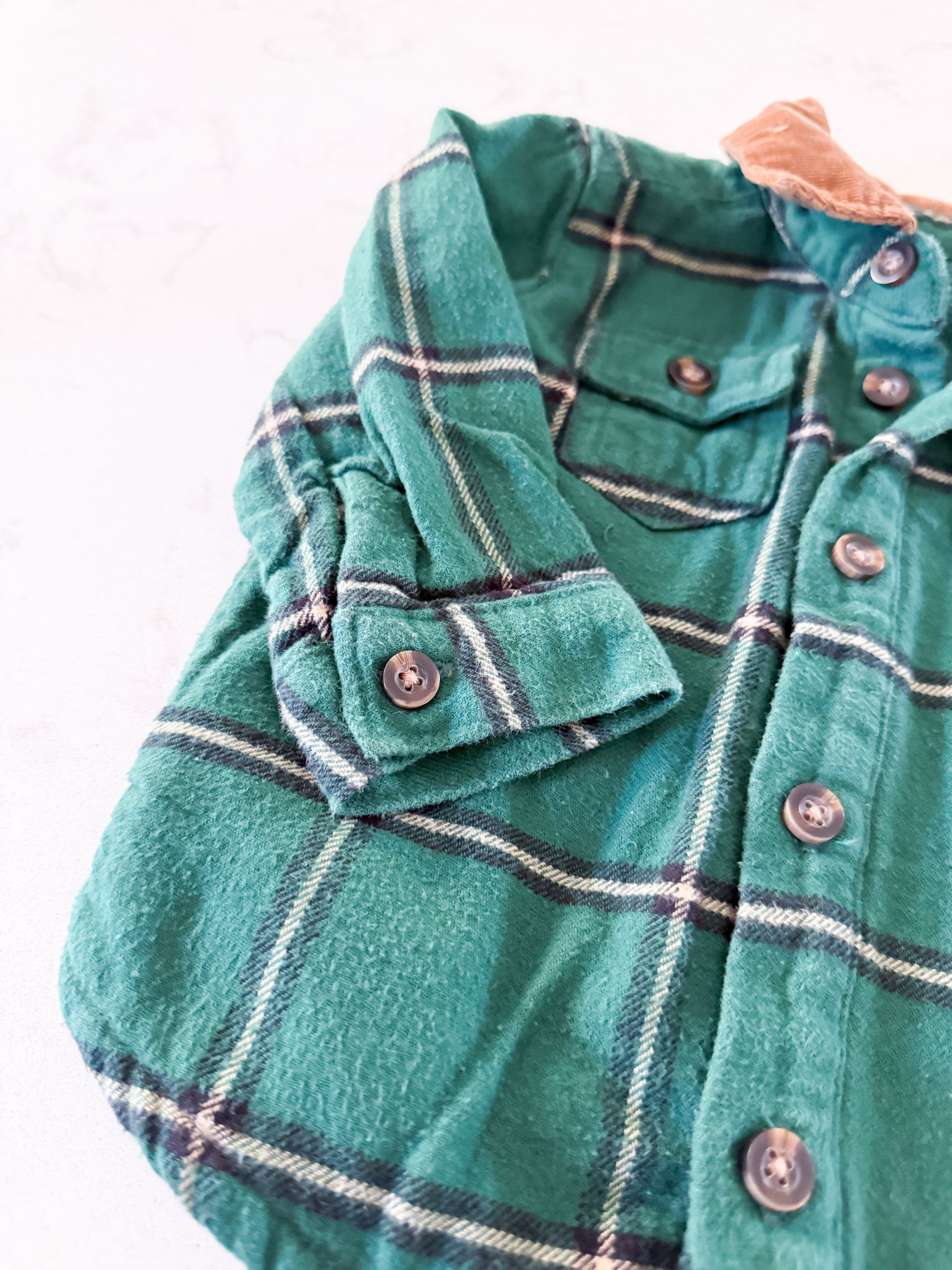 Carters-9m- GUC- Forest Green plaid fleece lined shirt