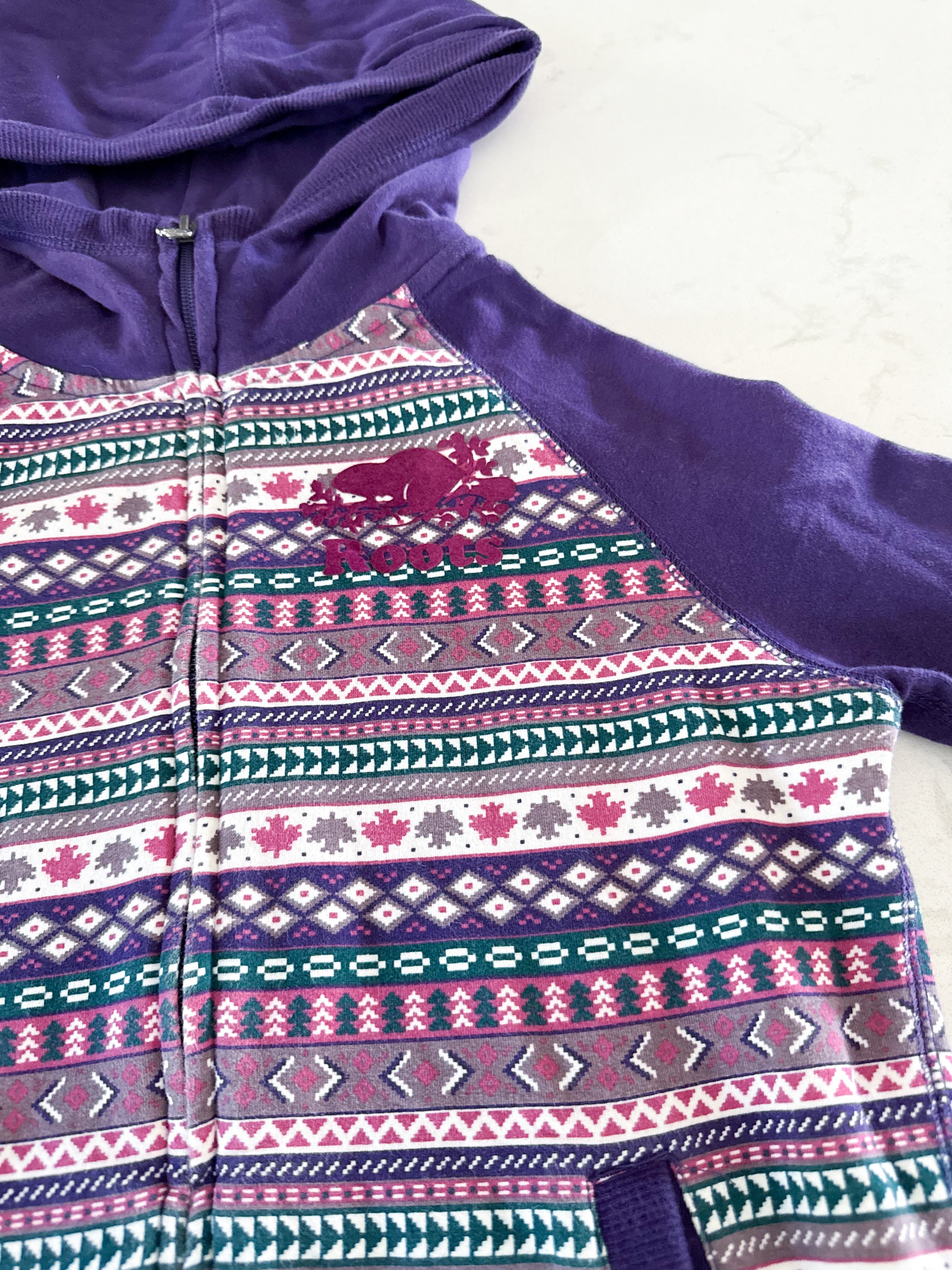 Roots- 11-12Y- GUC- purple patterned zip up with medium purple logo