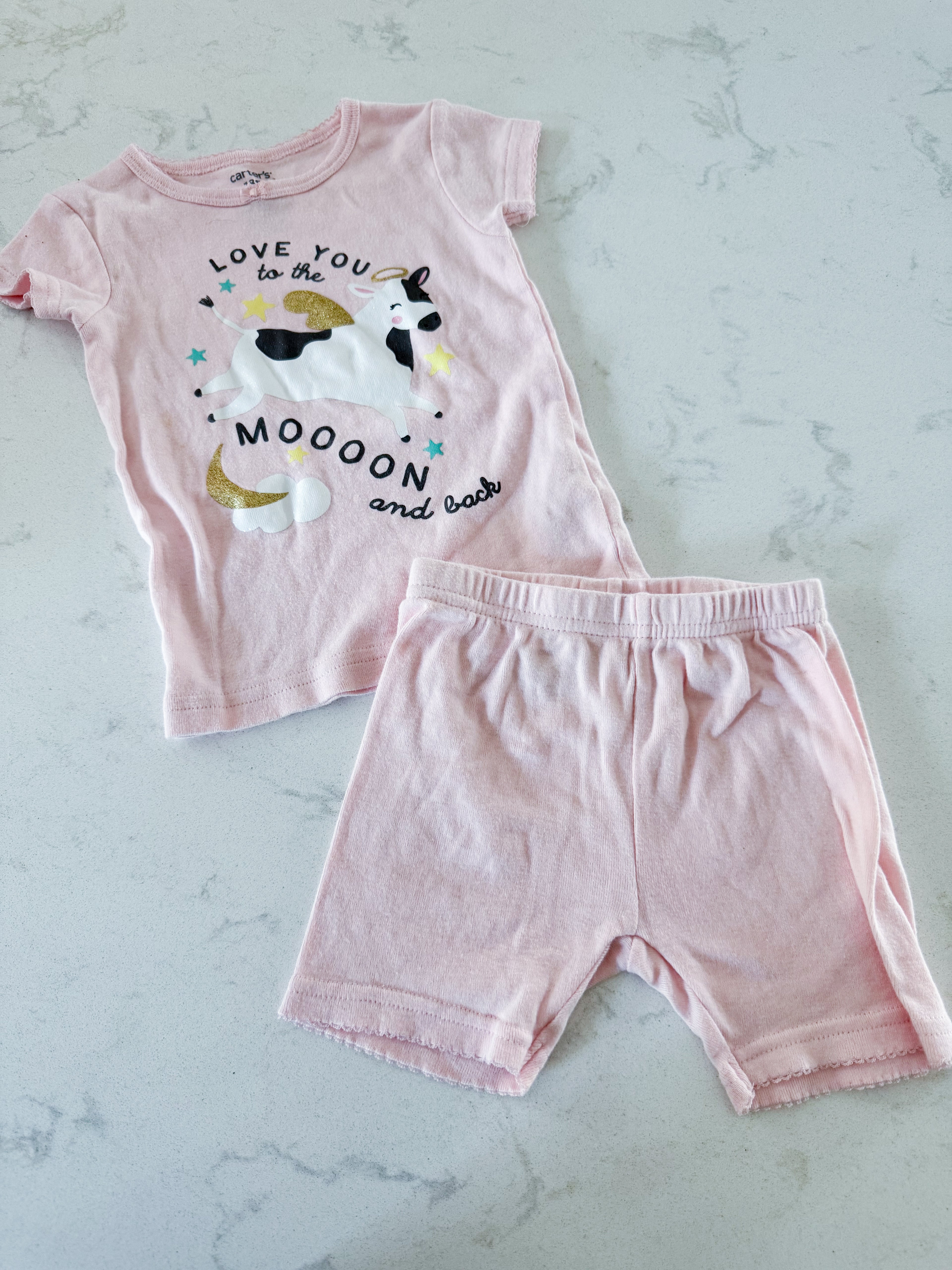 Carters- 18m- VGUC- light pink two piece jammies with cow jumping over the moon