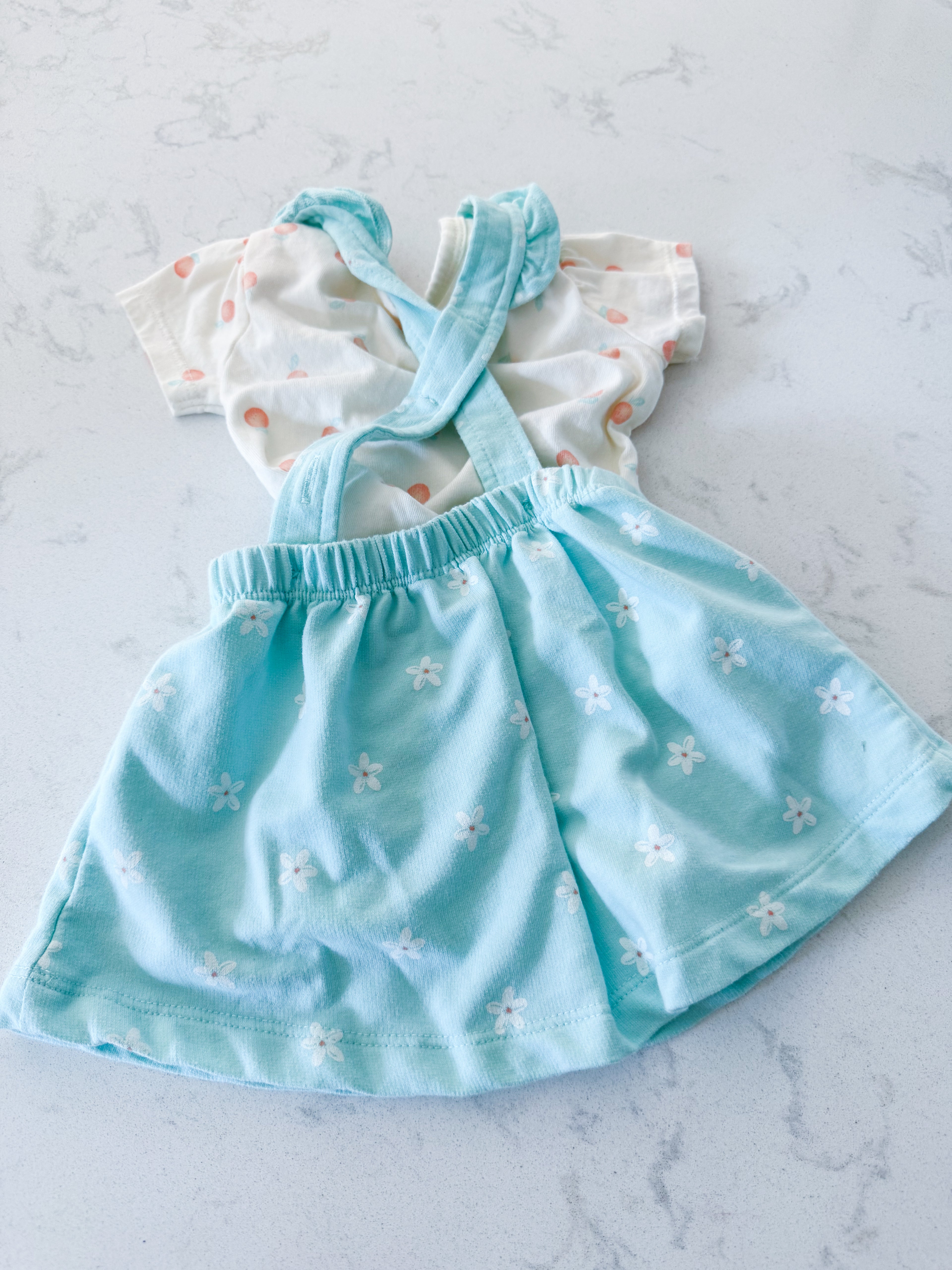 Pekkle- 6m- VGUC- light blue cloth overall dress with bodysuit and peach design