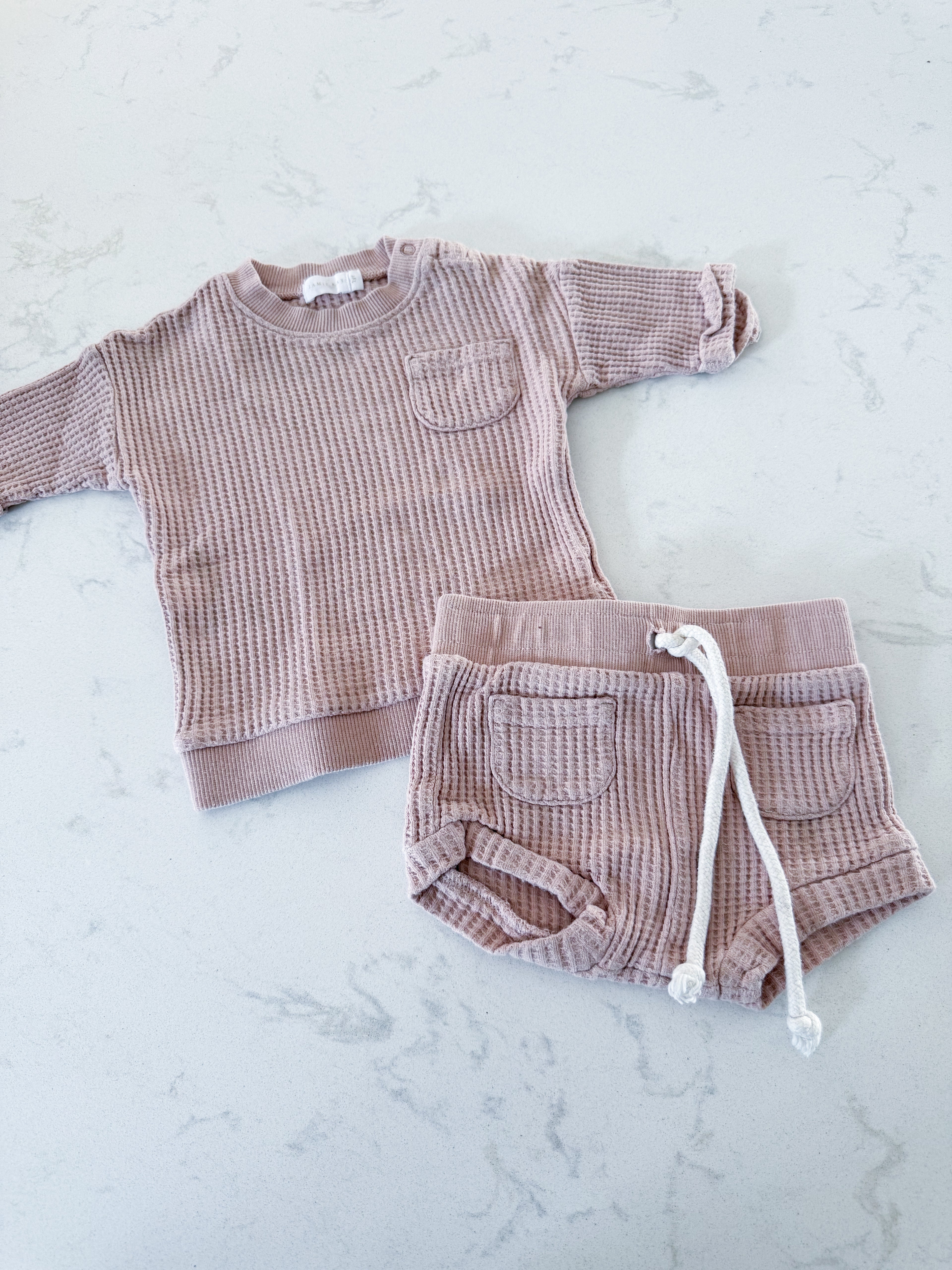Jamie Kay- 1Y (fits 6-12m ish)- GUC- dusty pink two piece waffle knit set