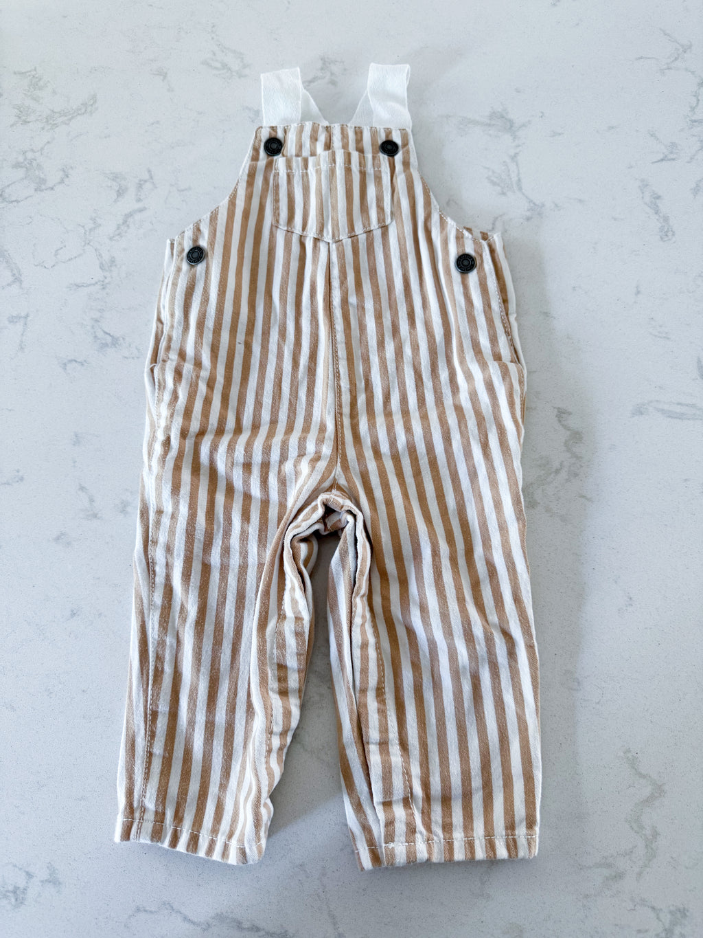 Carters- 12m- VGUC- white and brown horizontal striped overalls