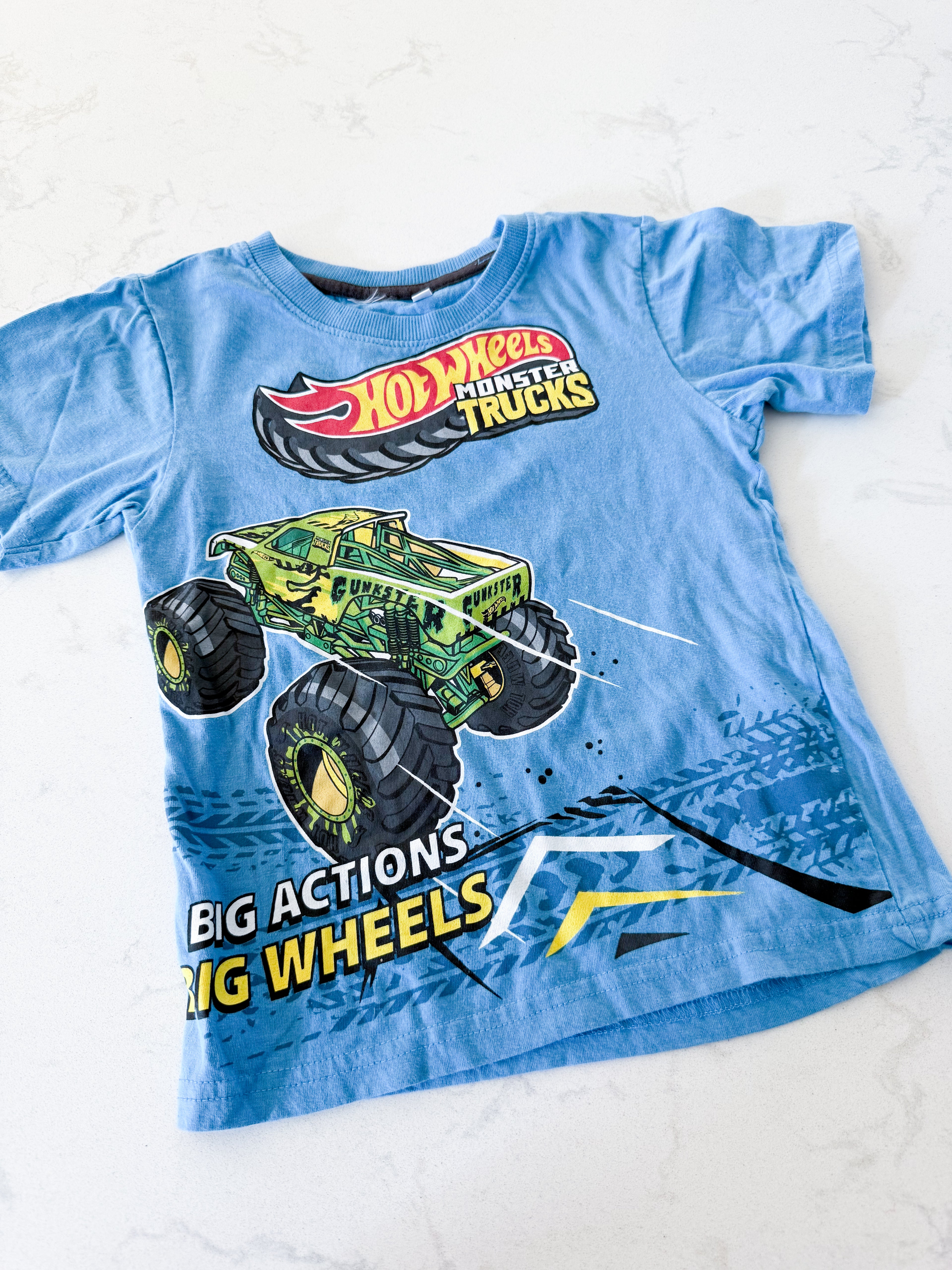 No brand- 6Y- GUC- blue t shirt with hot wheels monster trucks graphic