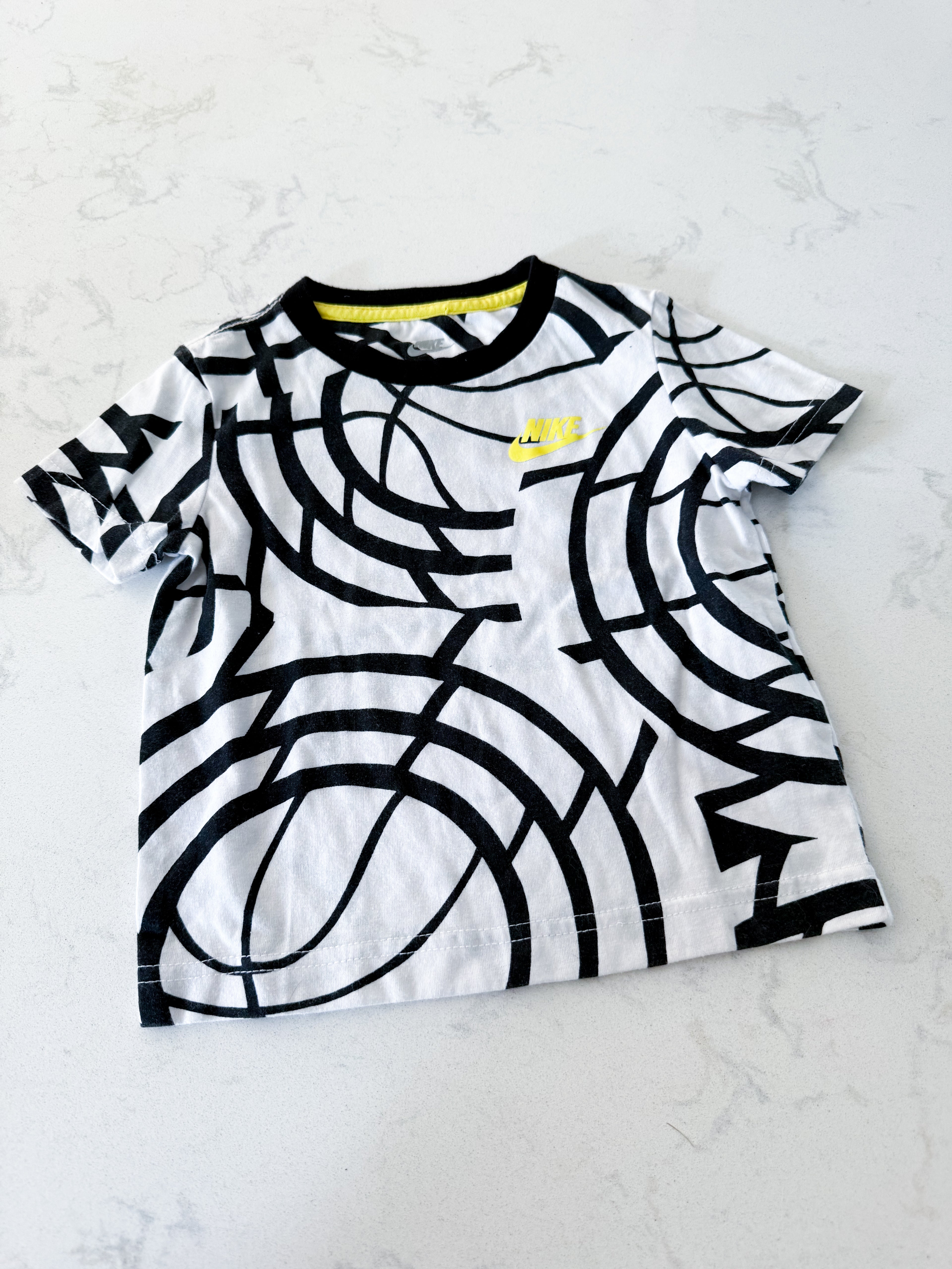 Nike- 2T- GUC- black and white t shirt with neon yellow logo