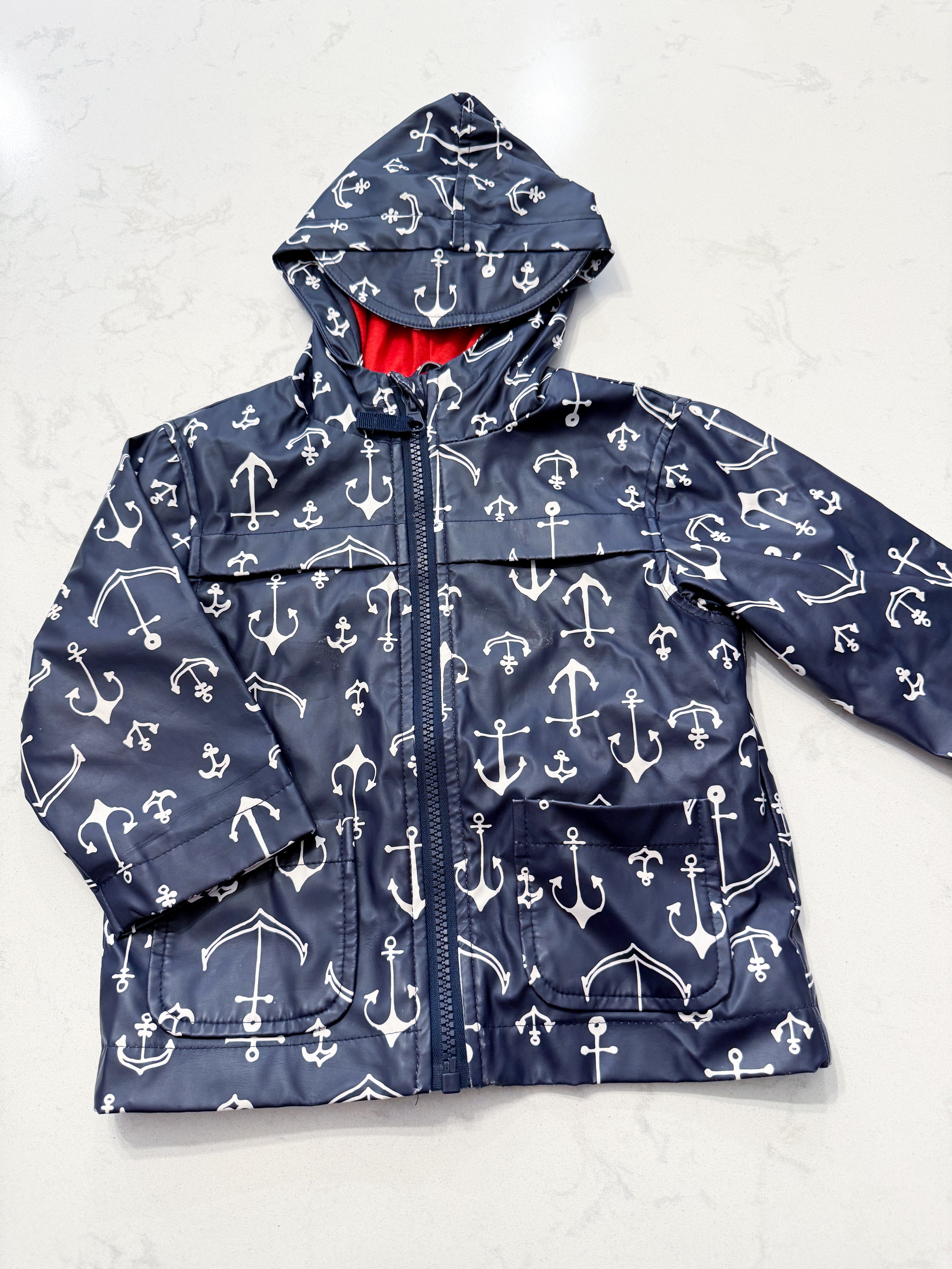 Cherokee- 12-18m- GUC- navy blue rain coat with anchors