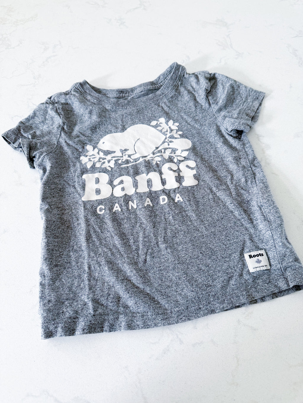 Roots- 2T- GUC- Grey t shirt with Banff Roots logo