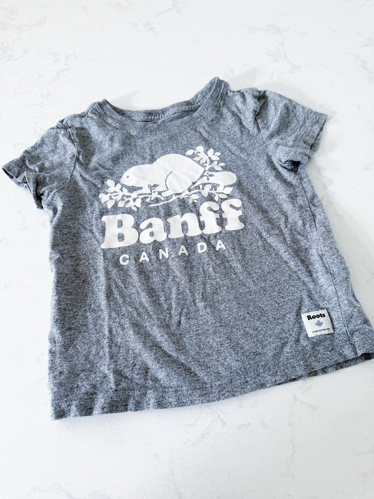 Roots- 2T- GUC- Grey t shirt with Banff Roots logo