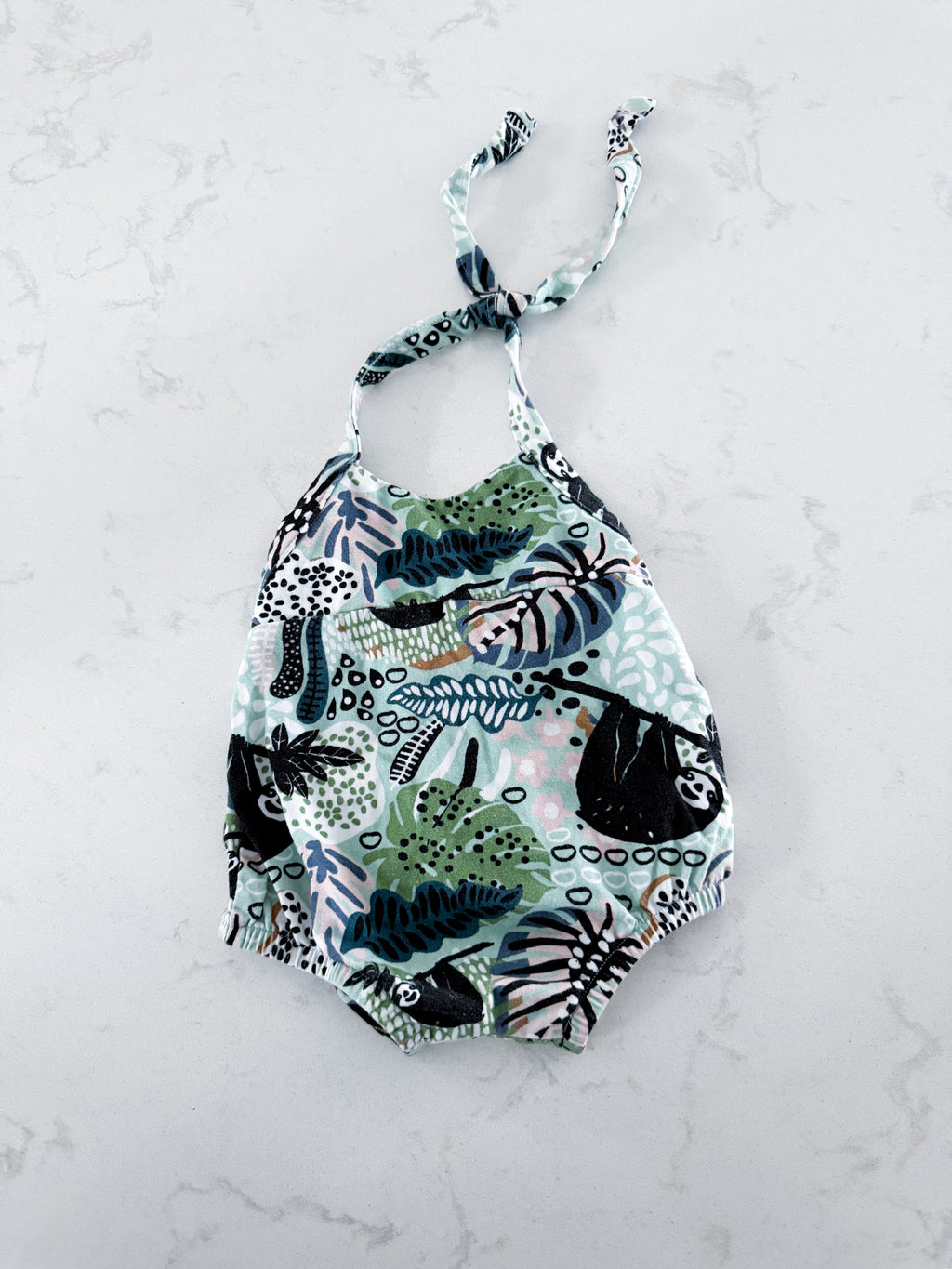 Little and Lively 0-6m- VGUC- halter bubble romper with tropical pattern