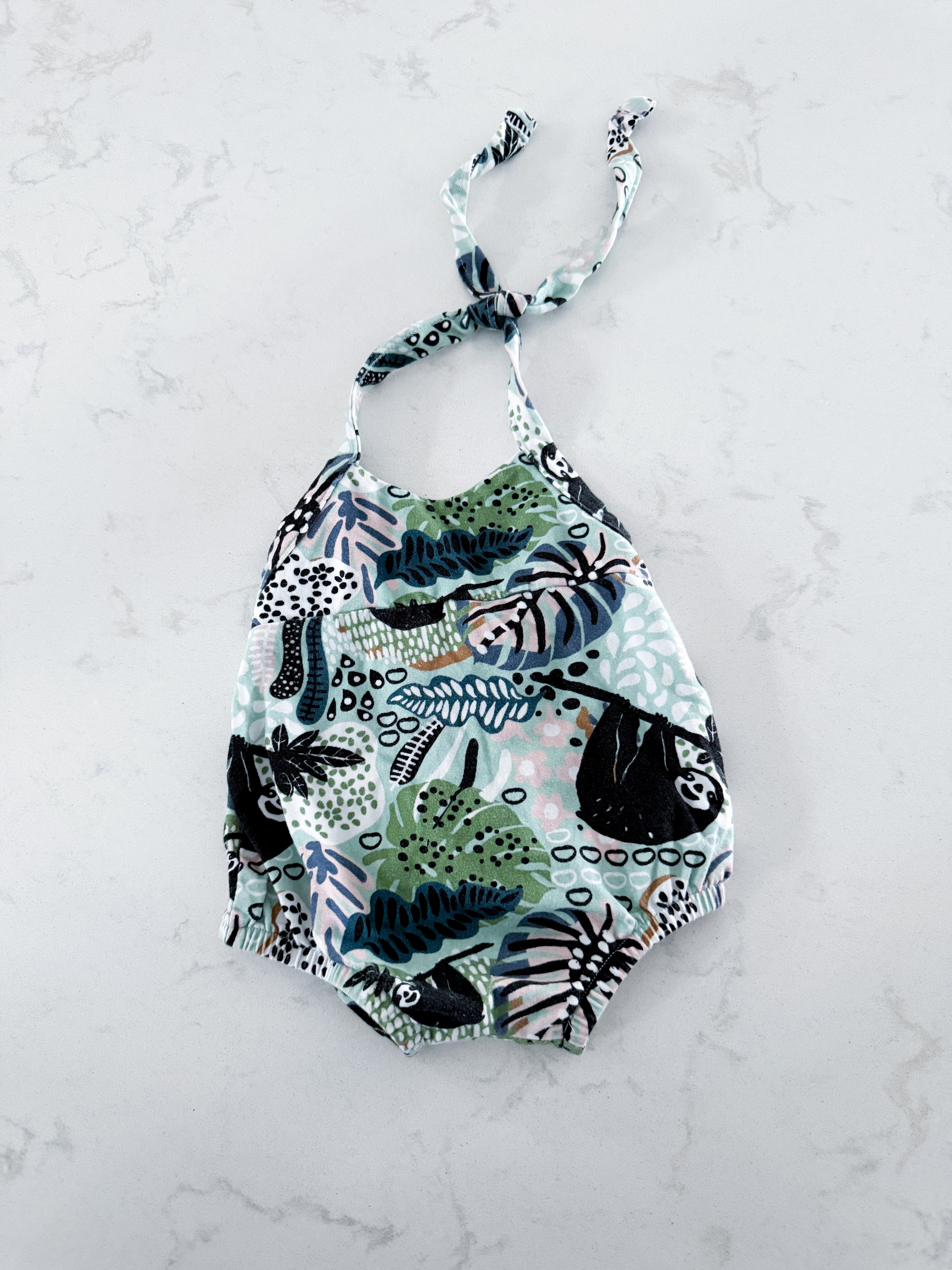 Little and Lively 0-6m- VGUC- halter bubble romper with tropical pattern