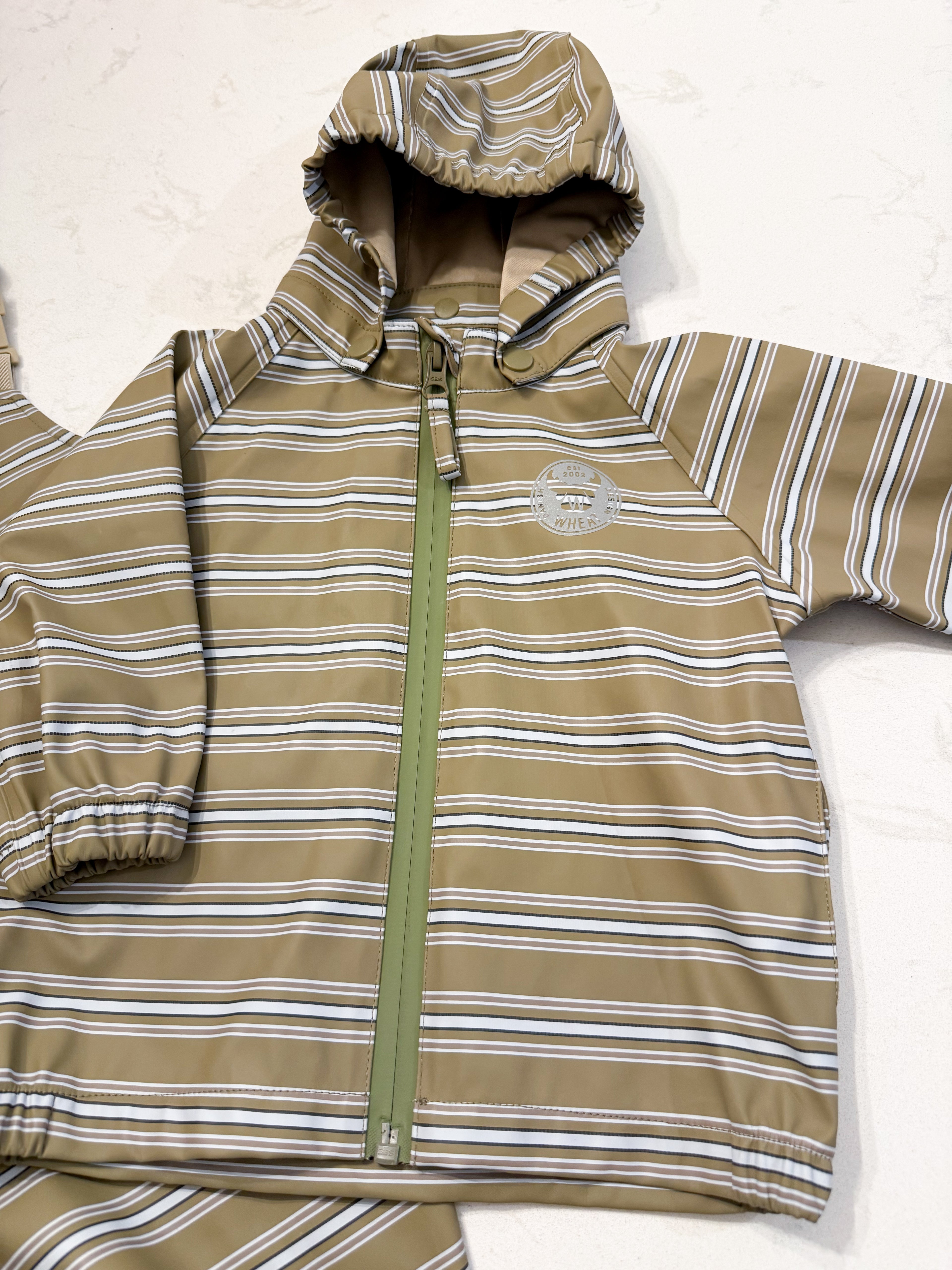 Wheat- 9m (fits 12-24m)- VGUC- neutral striped two piece rainsuit