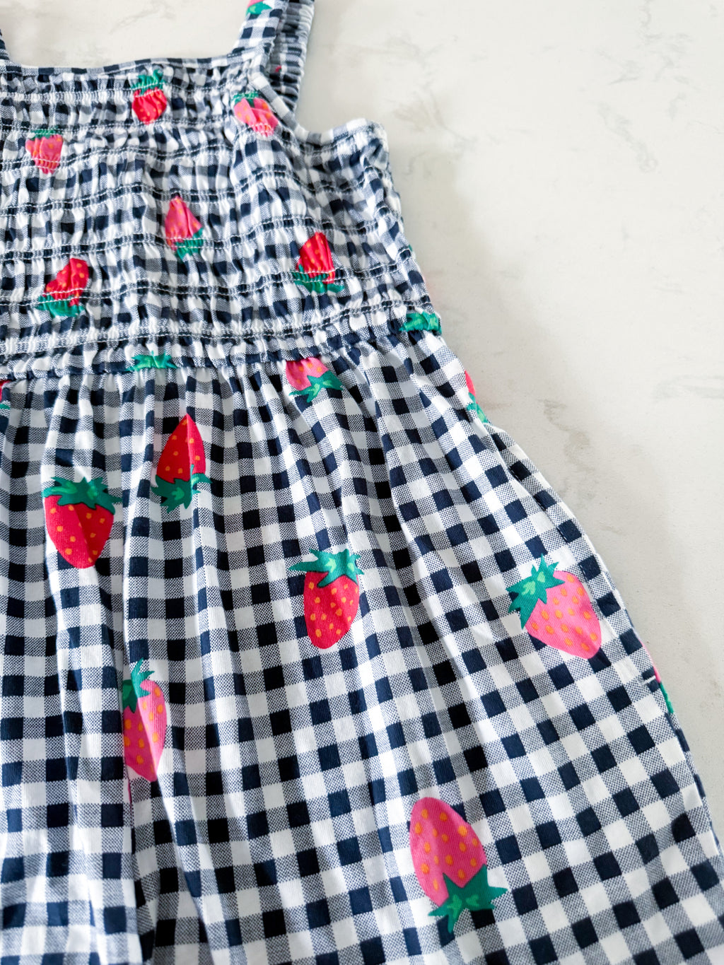 Old Navy- 8Y- VGUC- navy and white gingham romper with strawberries
