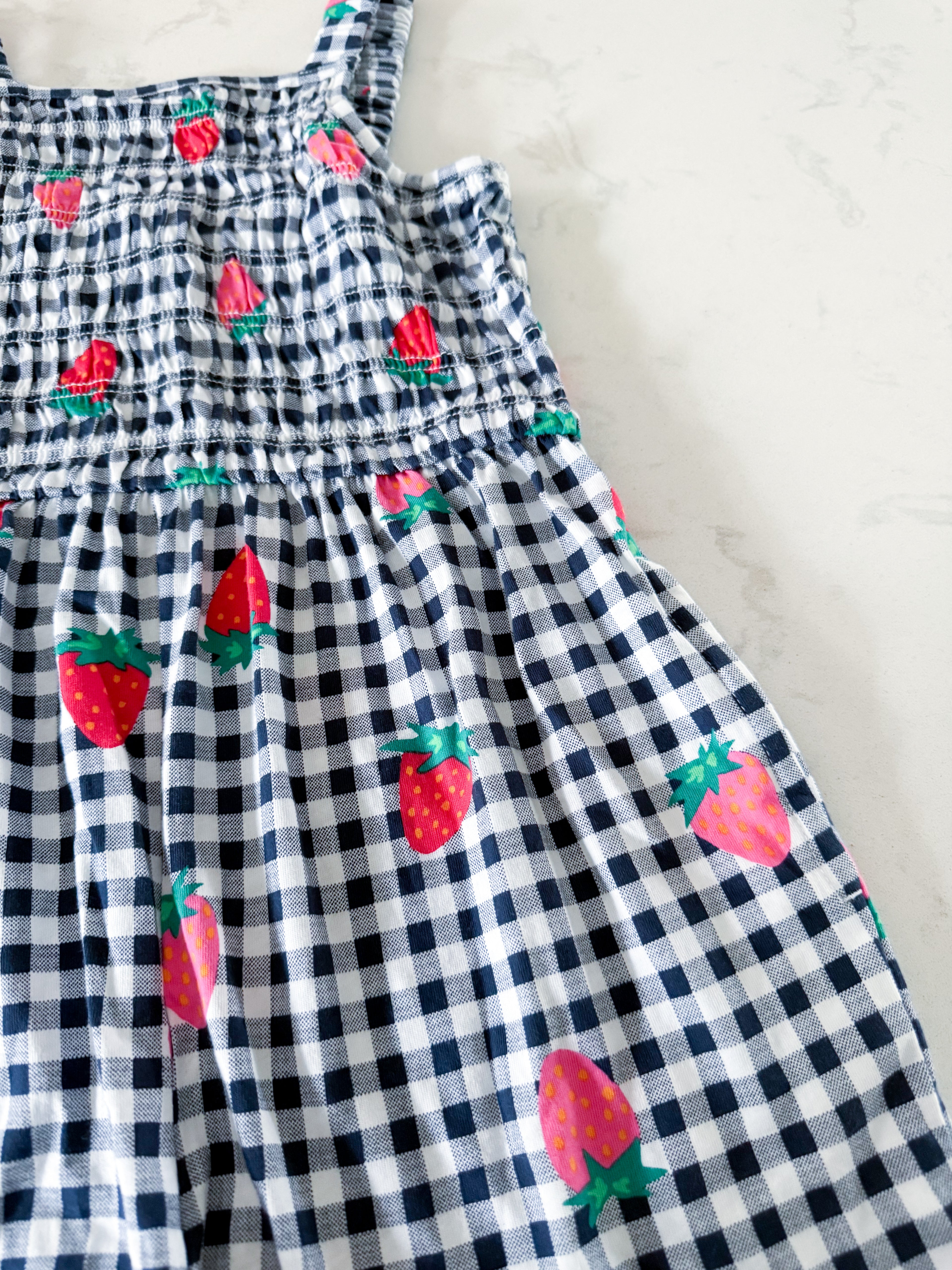 Old Navy- 8Y- VGUC- navy and white gingham romper with strawberries