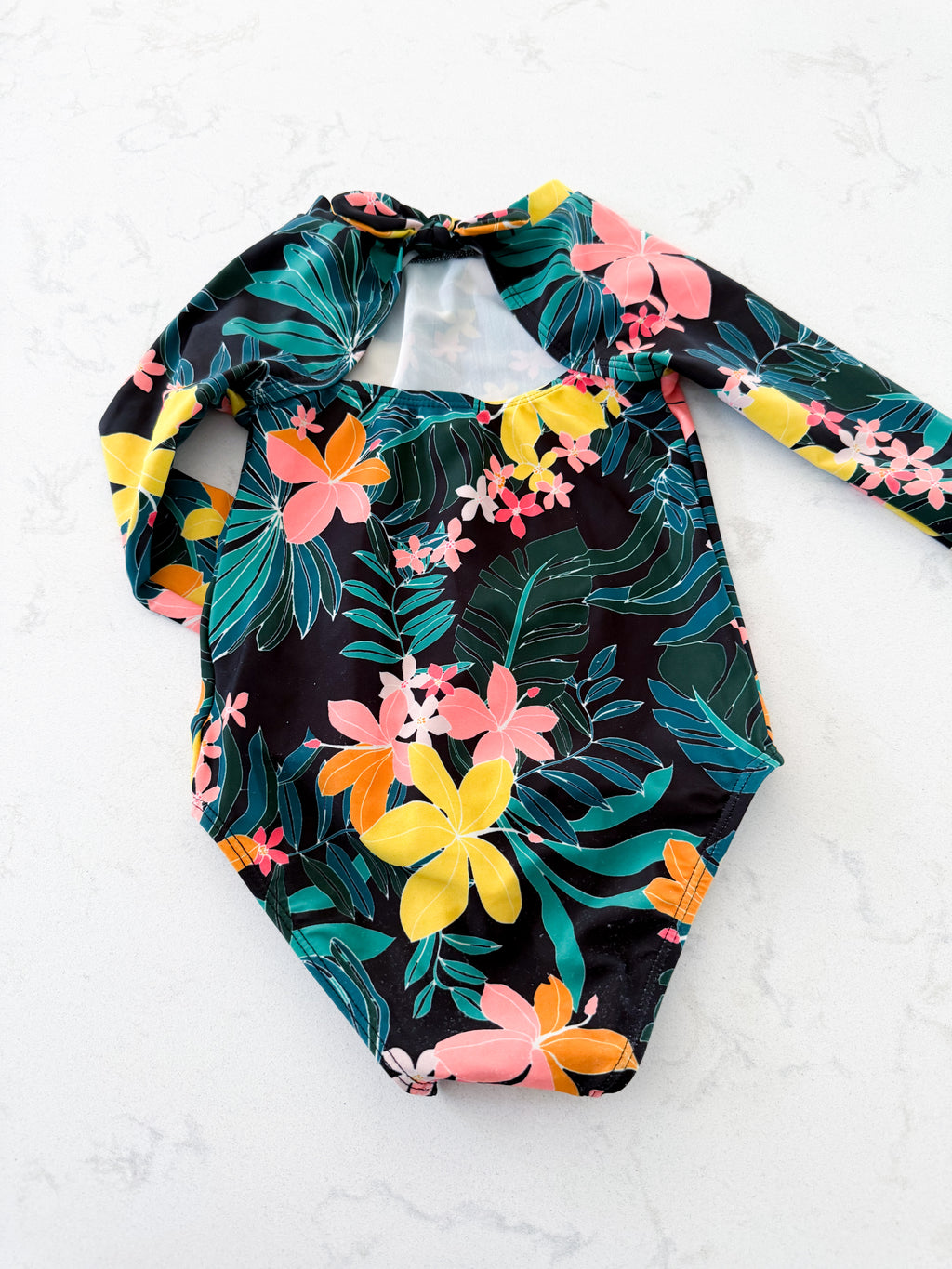 Old Navy- 2T- GUC- black with tropical floral pattern long sleeve swimsuit