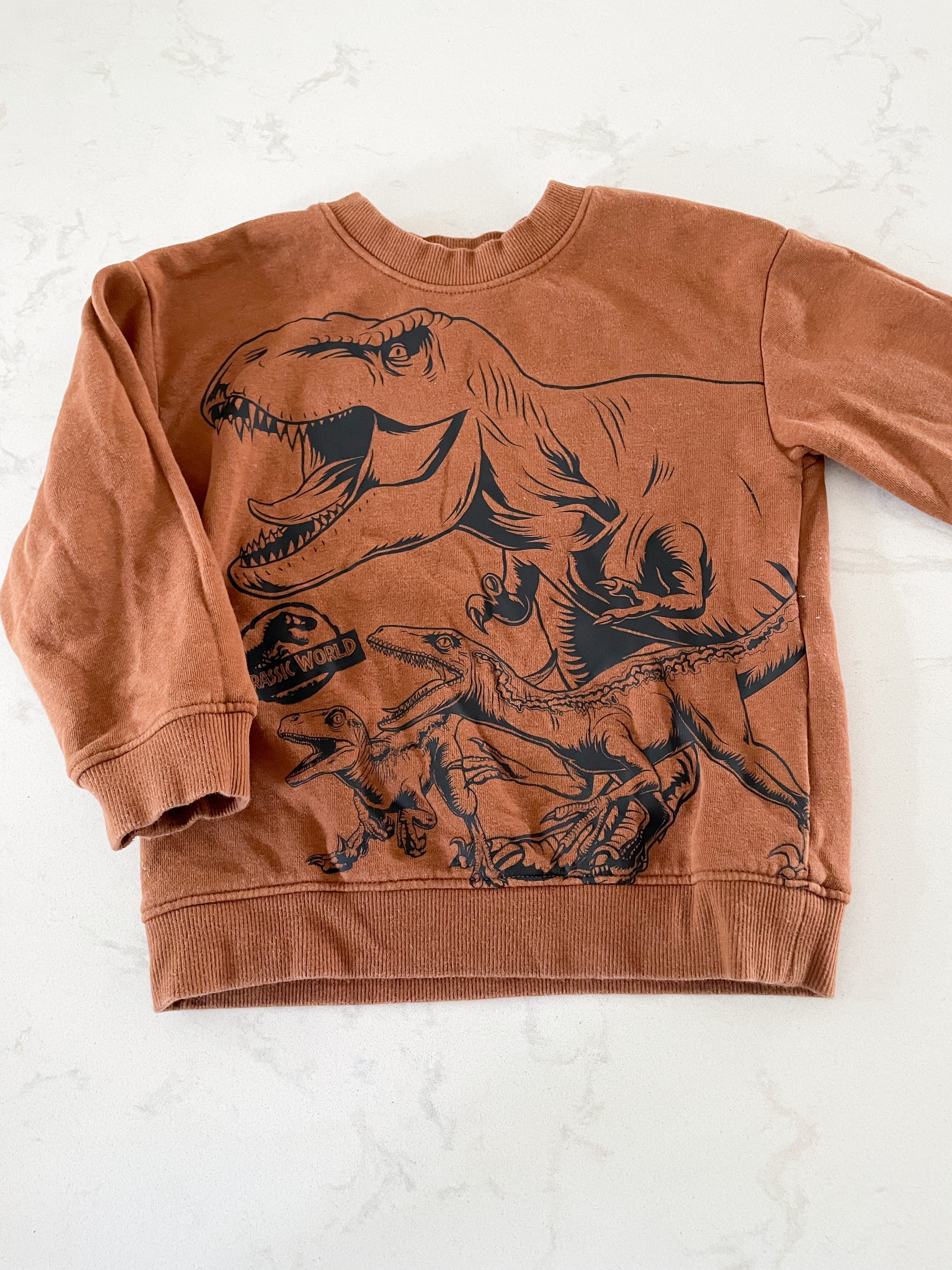 H&M- 3/4T- brown crewneck Jurassic world