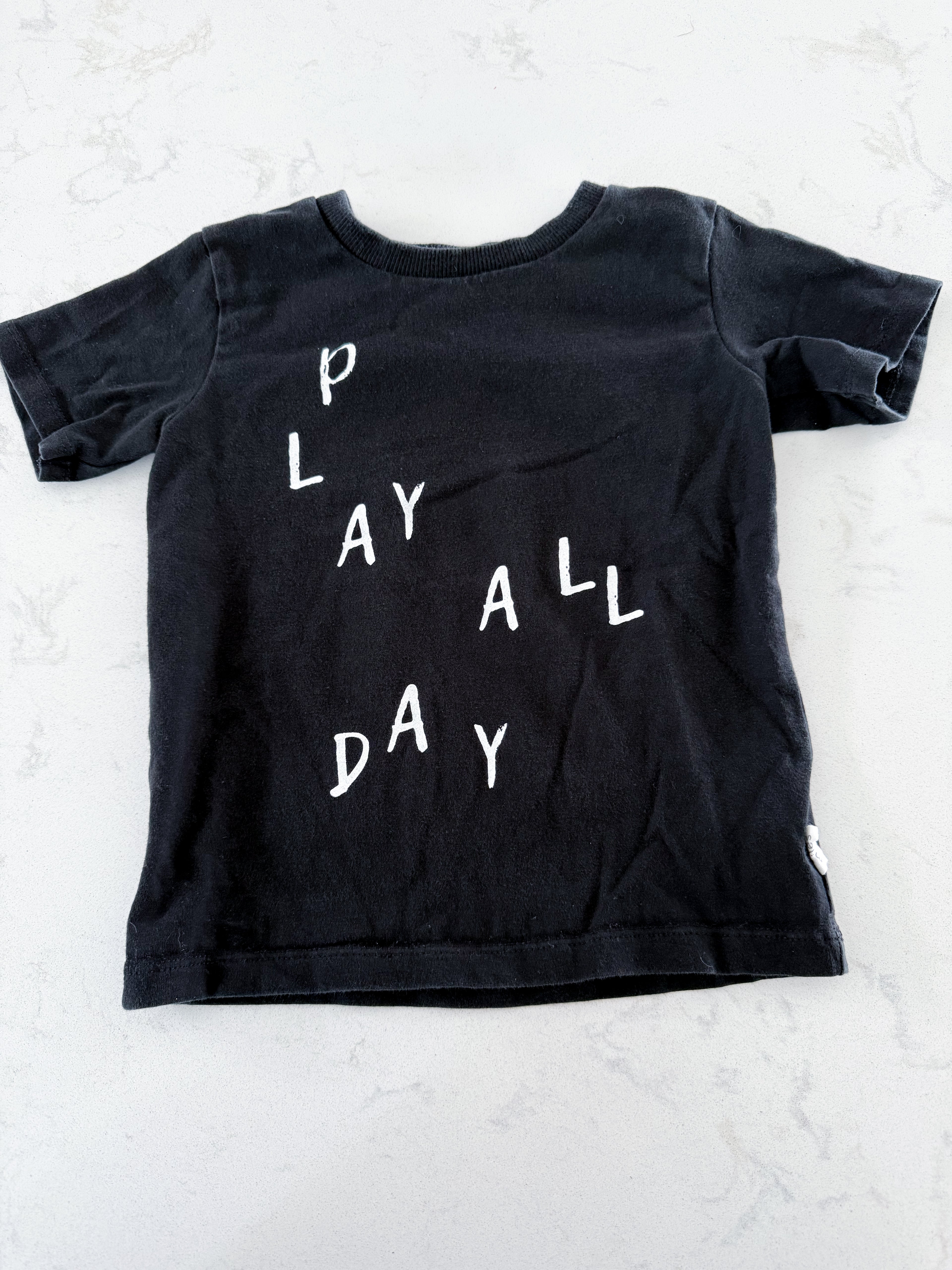 Miles the Label- 24m- GUC- black t shirt with “play all day”