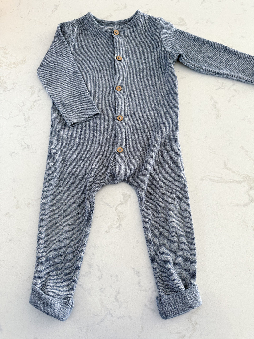 Rise Little Earthling- 18-24m- PLAY- blue knit button up romper.