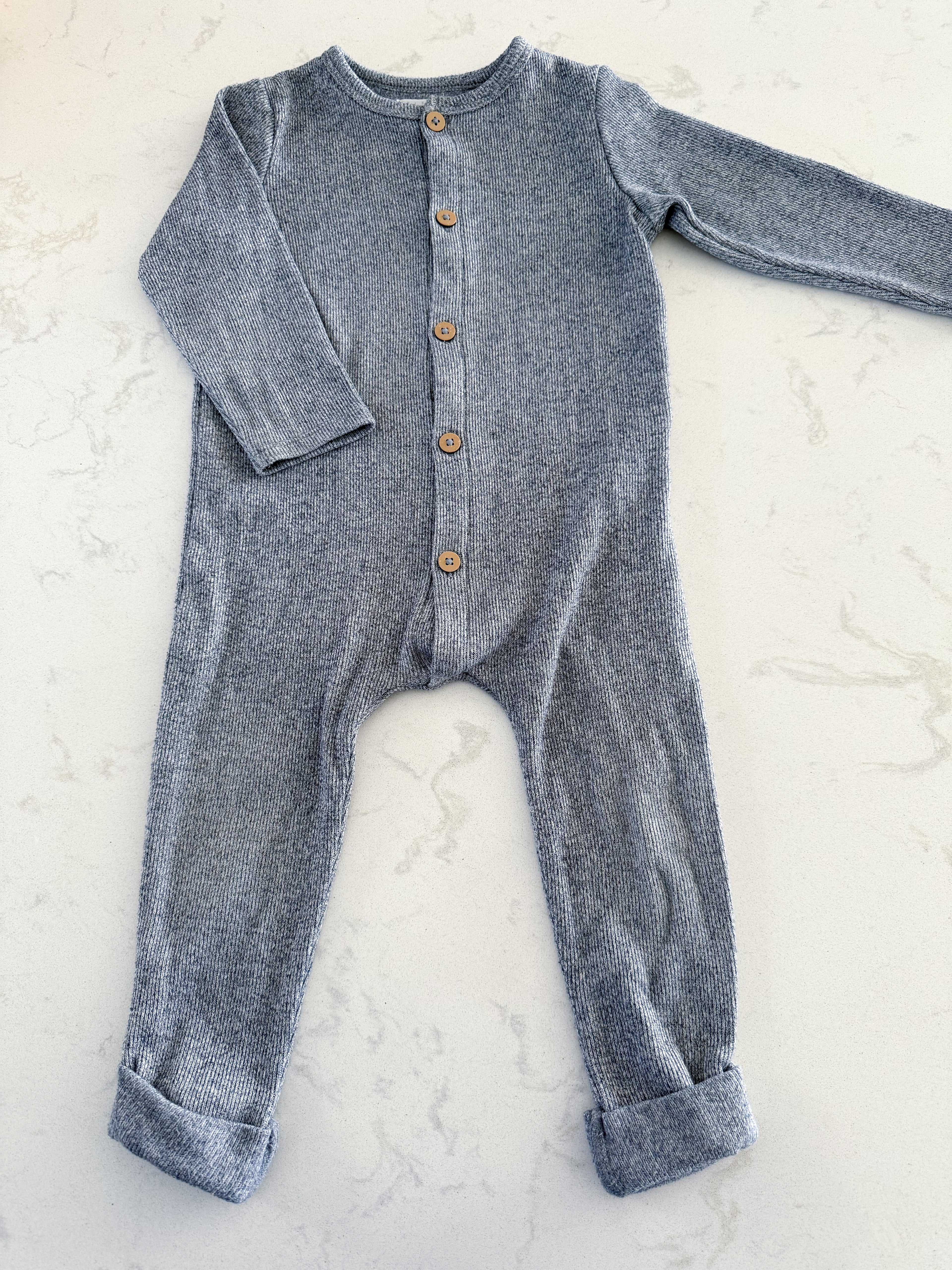 Rise Little Earthling- 18-24m- PLAY- blue knit button up romper.