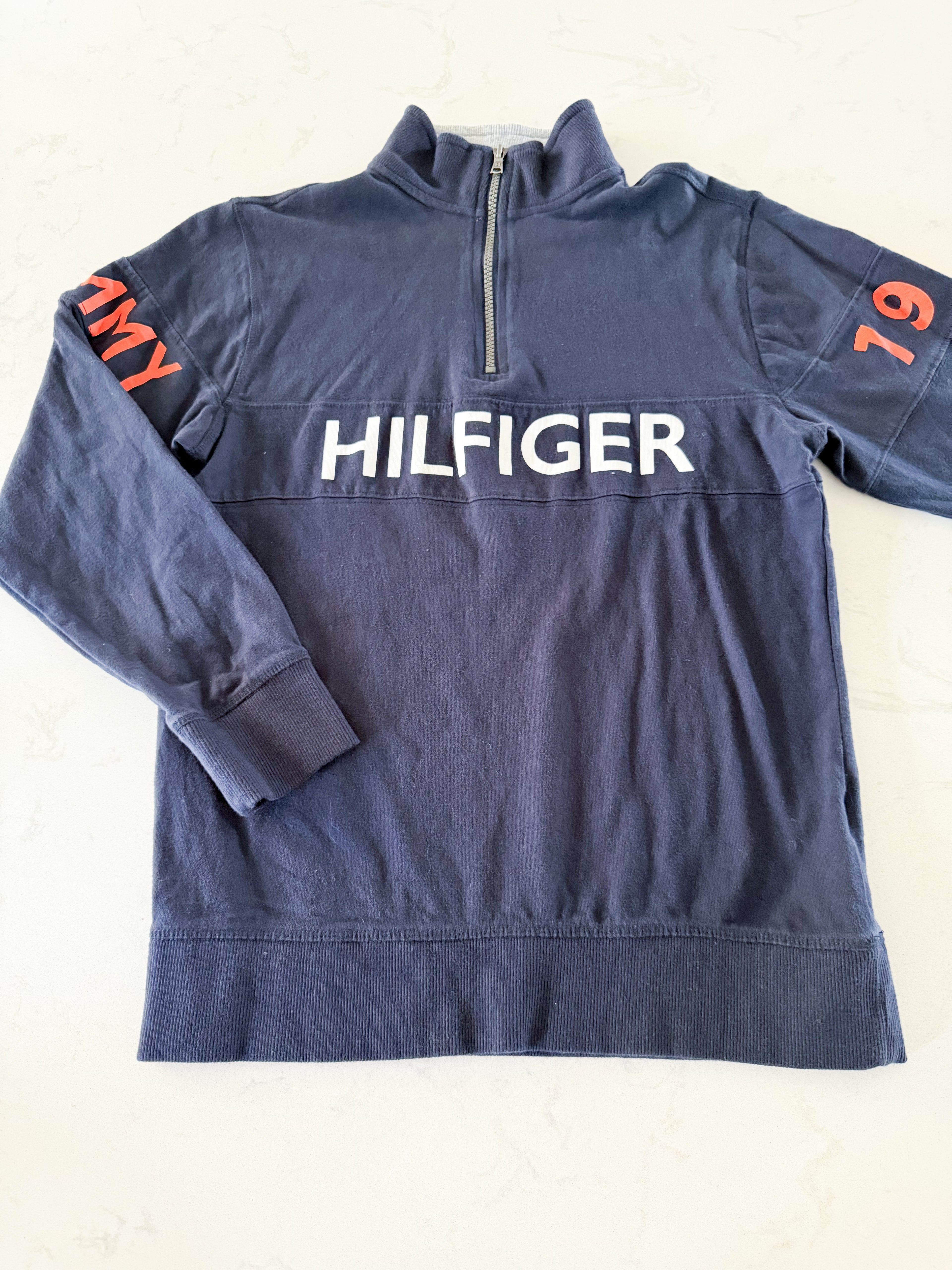 Tommy Hilfiger- 16-18Y- GUC- navy blue quarter zip with orange accents