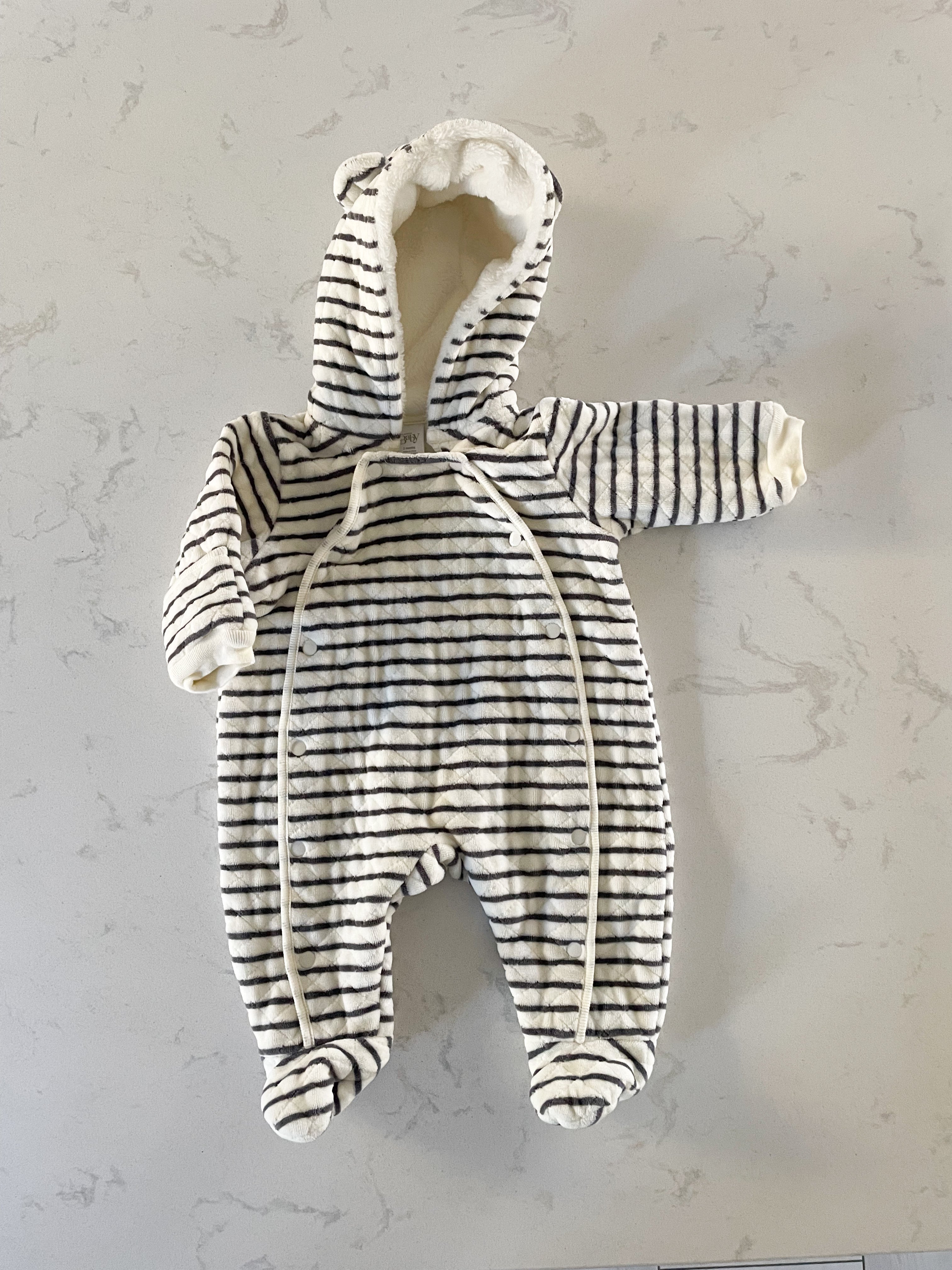 Nordstrom Baby- 3 months- GUC- cream and grey striped bunting suit